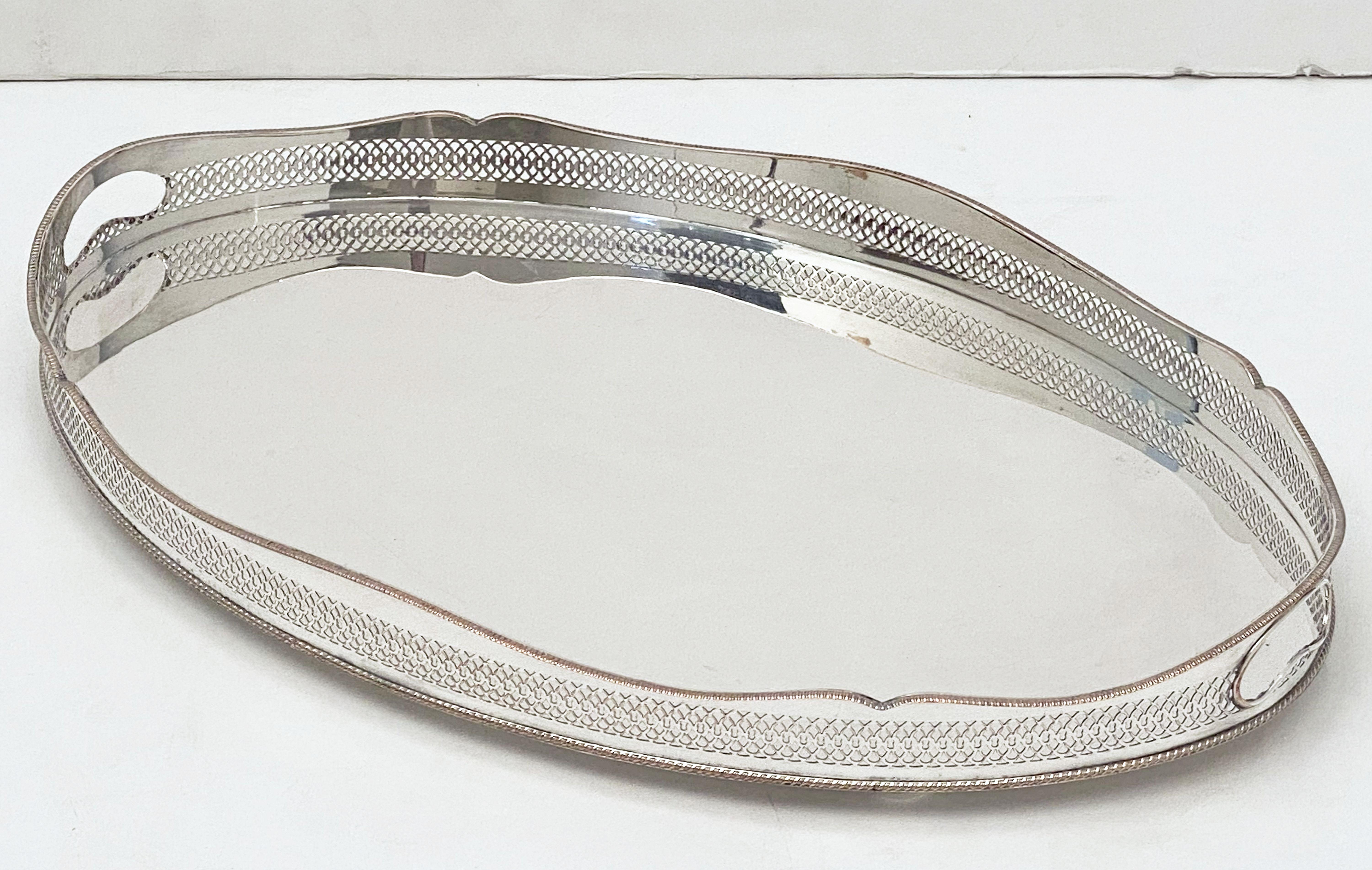 20th Century Large English Silver Oval Gallery Serving or Drinks Tray
