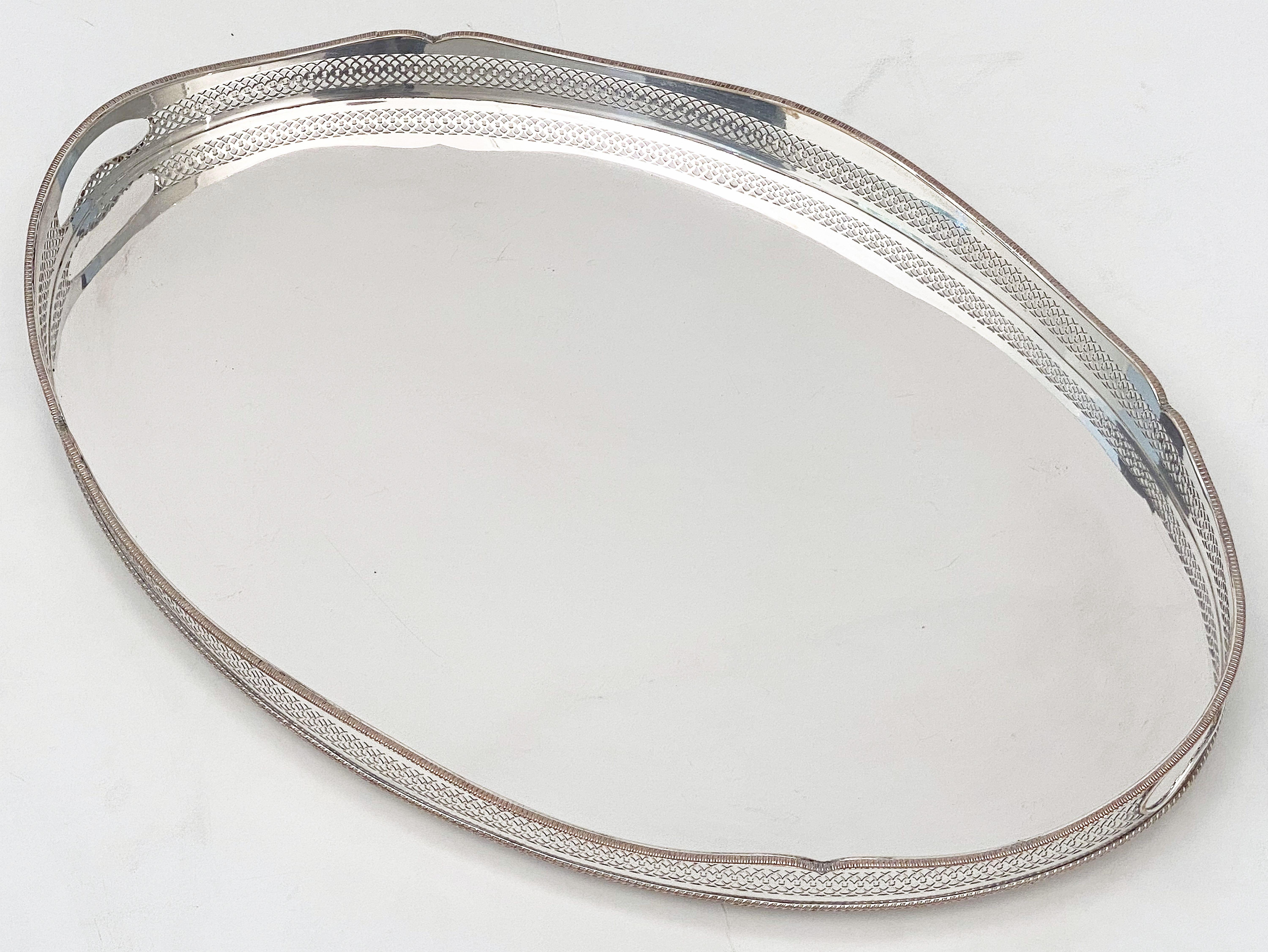 Large English Silver Oval Gallery Serving or Drinks Tray 1