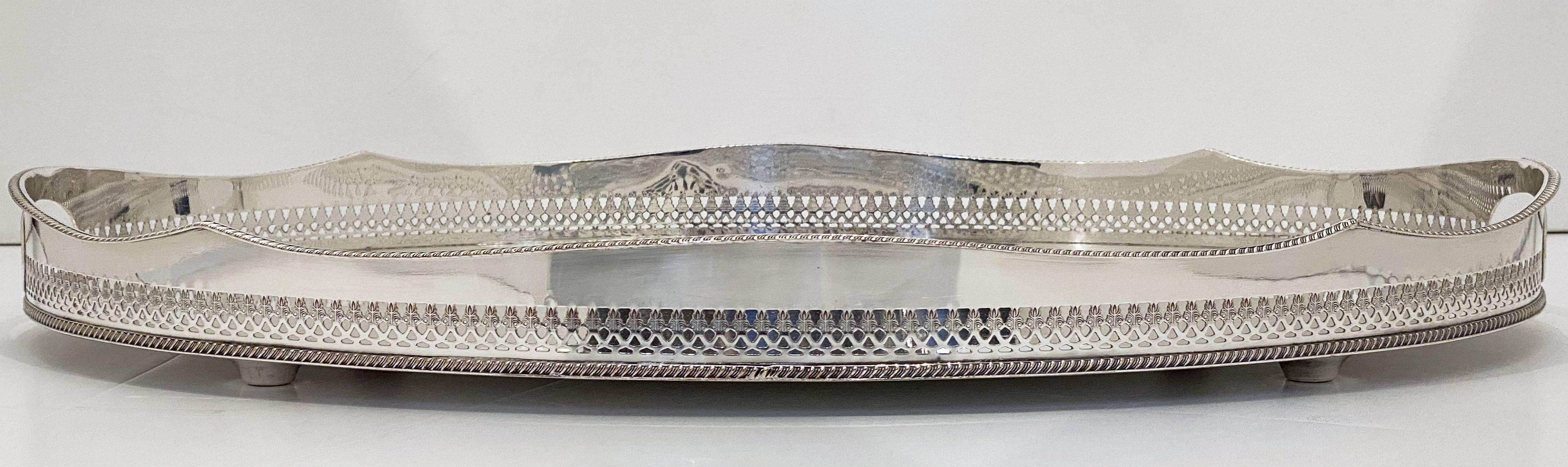 Metal Large English Silver Oval Gallery Serving or Drinks Tray