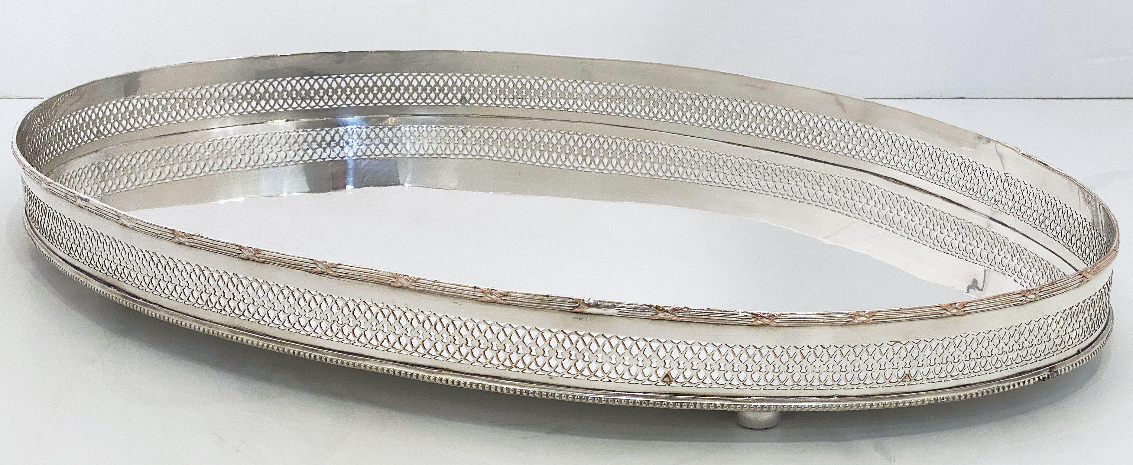 Metal Large English Silver Oval Gallery Serving or Drinks Tray