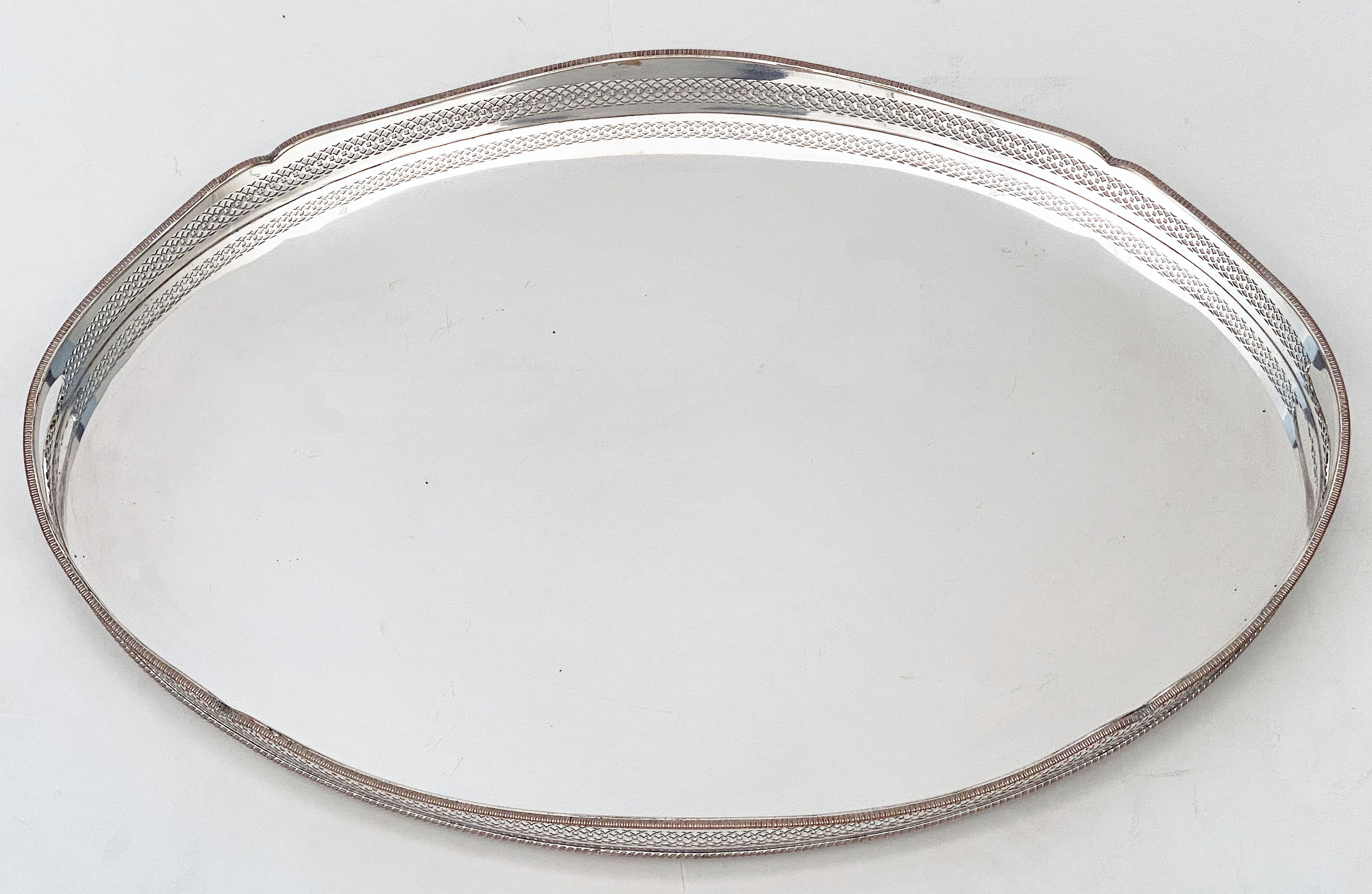 Large English Silver Oval Gallery Serving or Drinks Tray 2