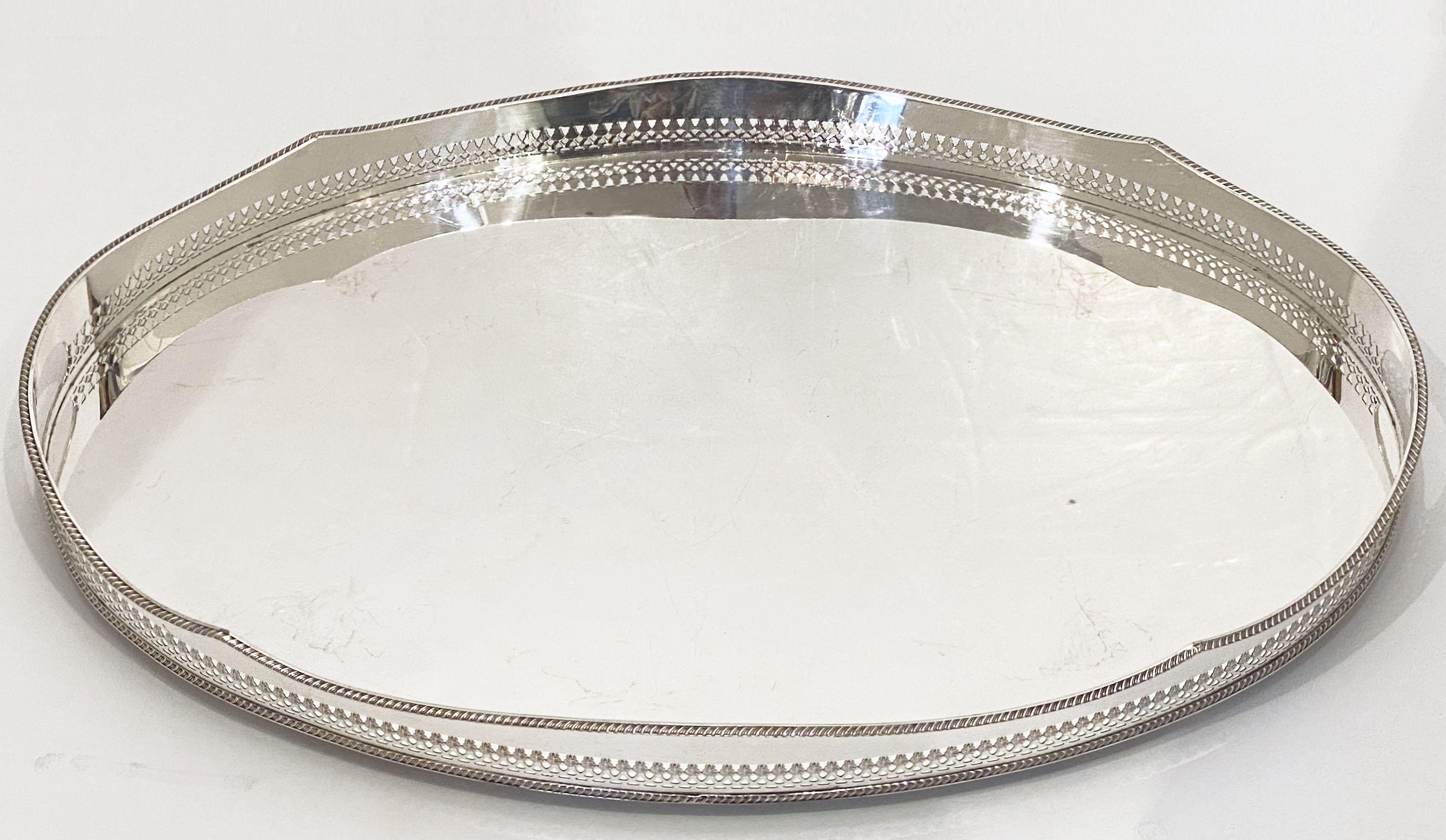 Large English Silver Oval Gallery Serving or Drinks Tray 1