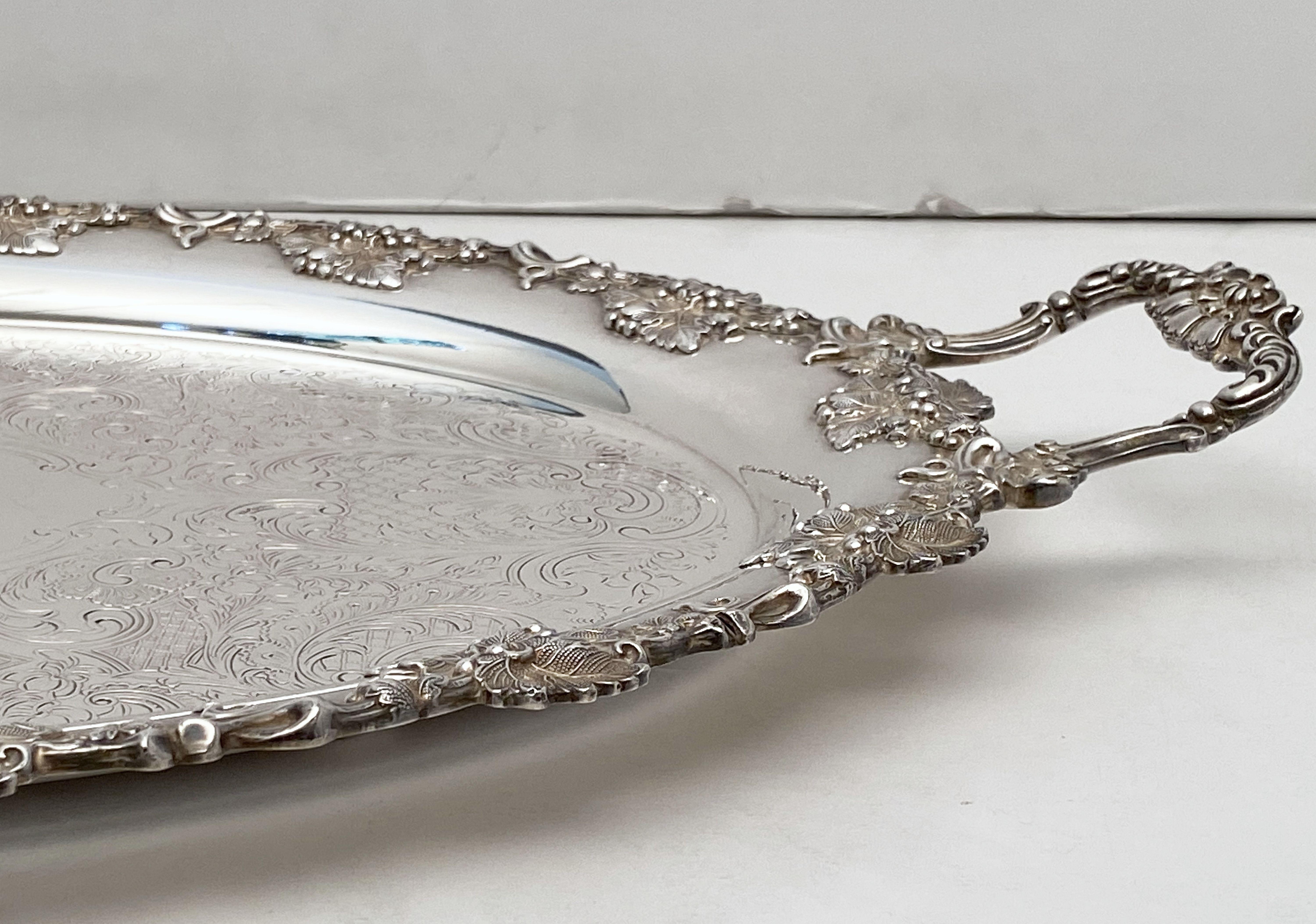 Large English Silver Oval Serving or Drinks Tray 14