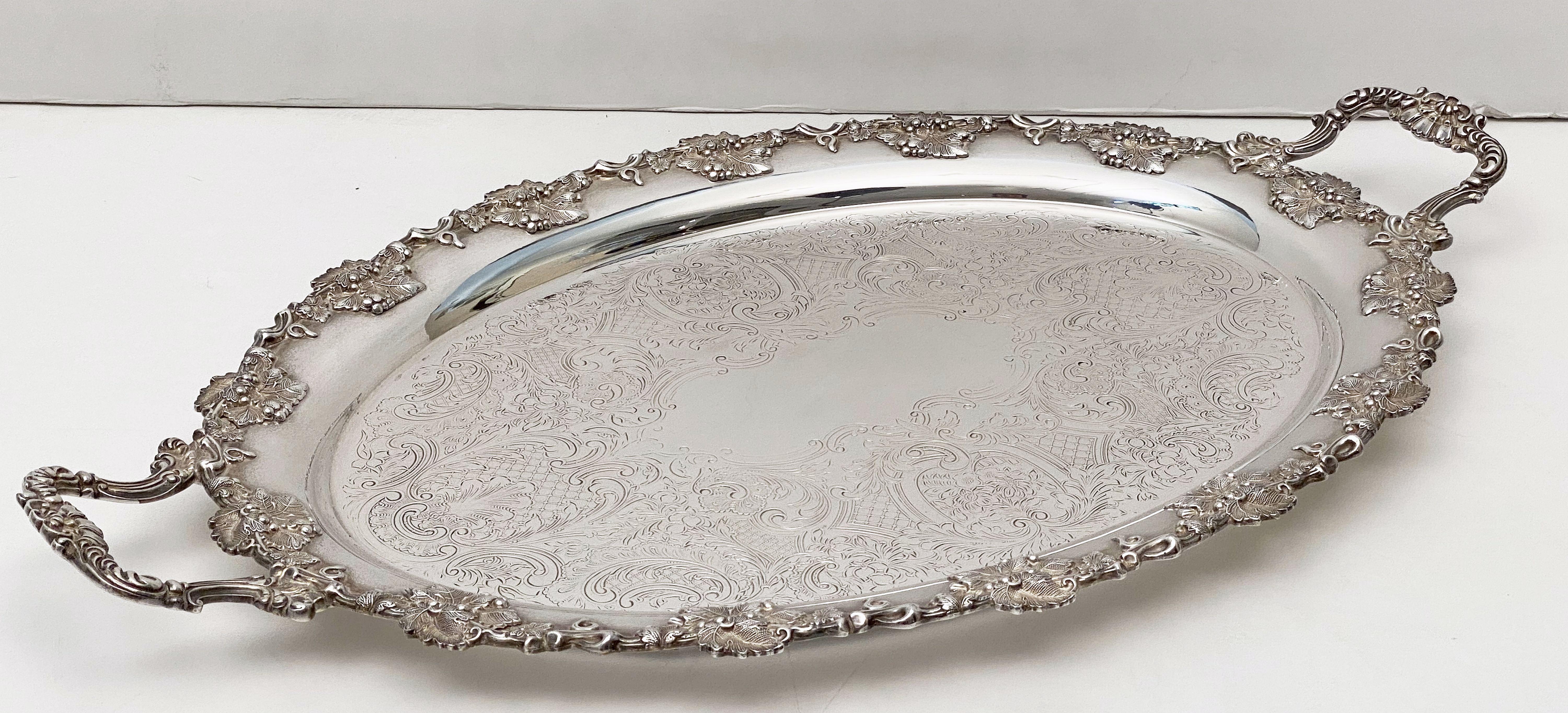 20th Century Large English Silver Oval Serving or Drinks Tray