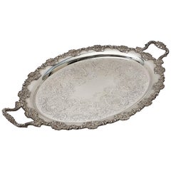 Antique Large English Silver Oval Serving or Drinks Tray