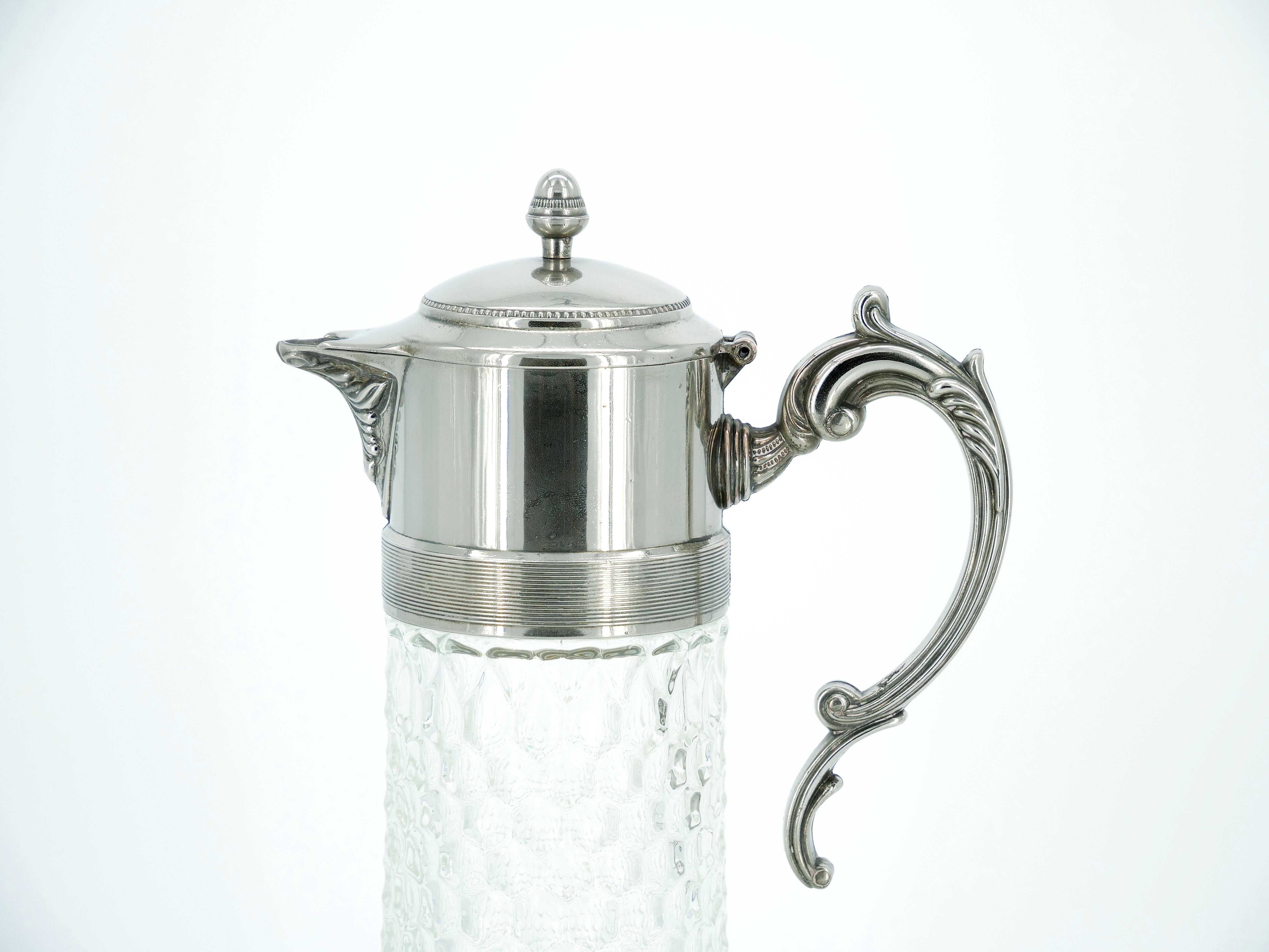 Large English Silver Plated Holding Top / Cut Glass Claret Jug / Pitcher For Sale 3