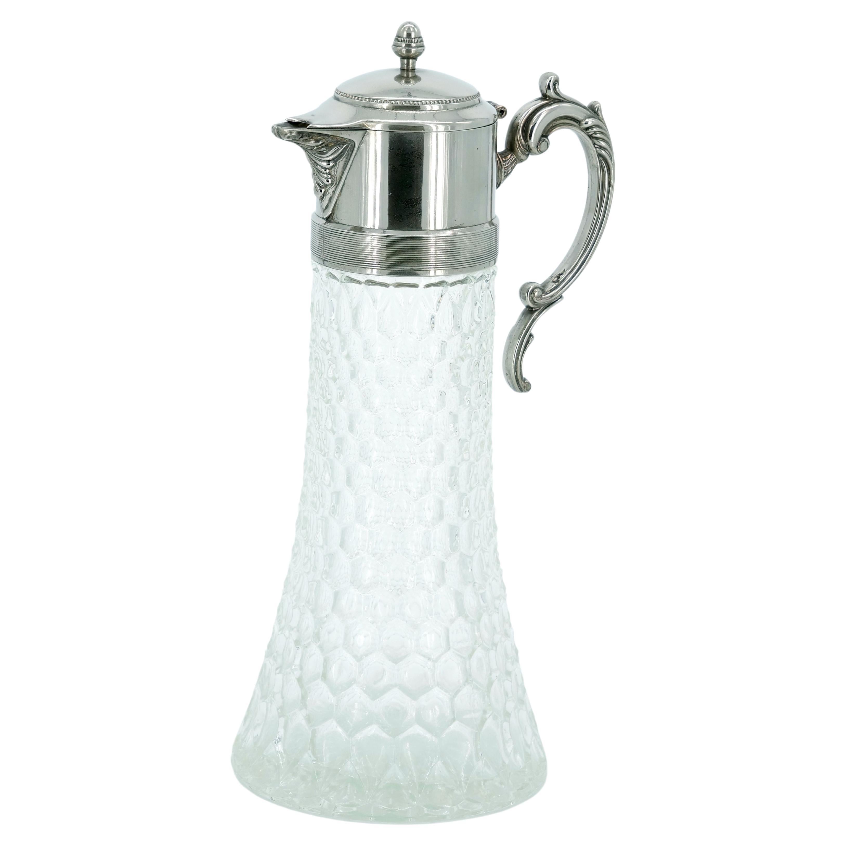 Large English Silver Plated Holding Top / Cut Glass Claret Jug / Pitcher For Sale