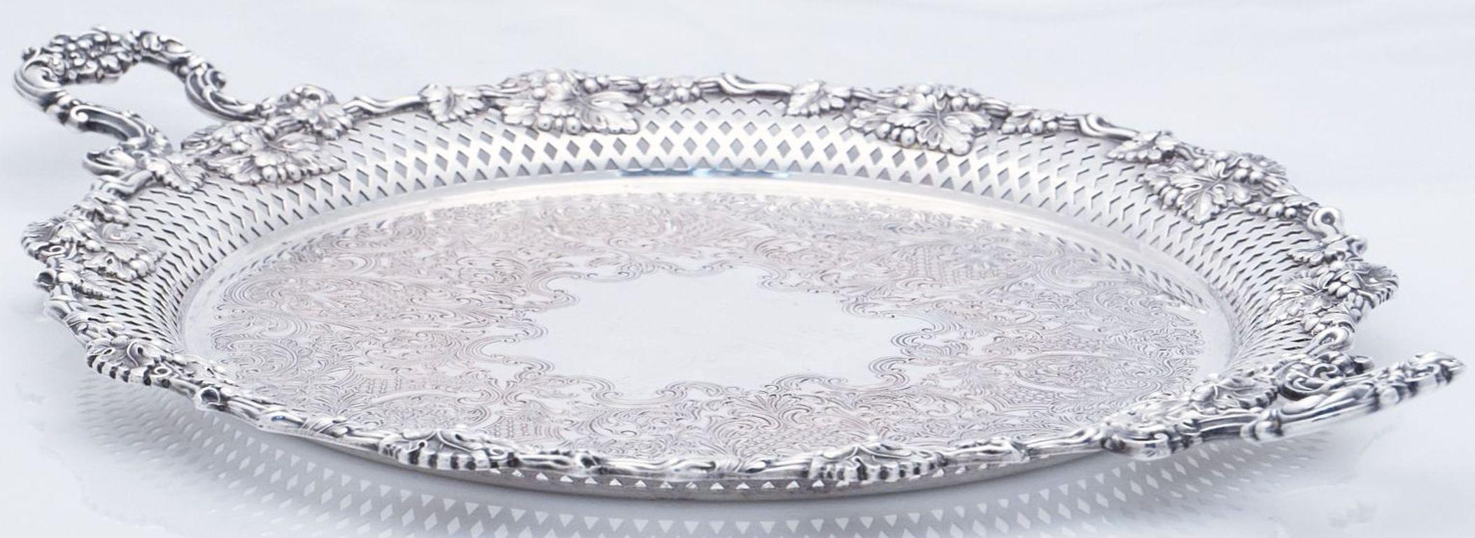  Large English Silver Round Serving or Drinks Tray with Handles For Sale 6