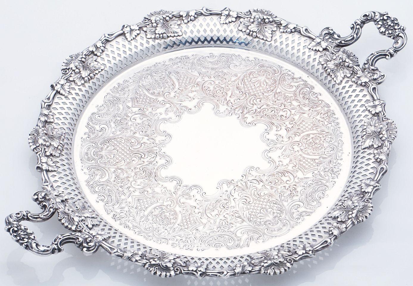 Rococo  Large English Silver Round Serving or Drinks Tray with Handles For Sale