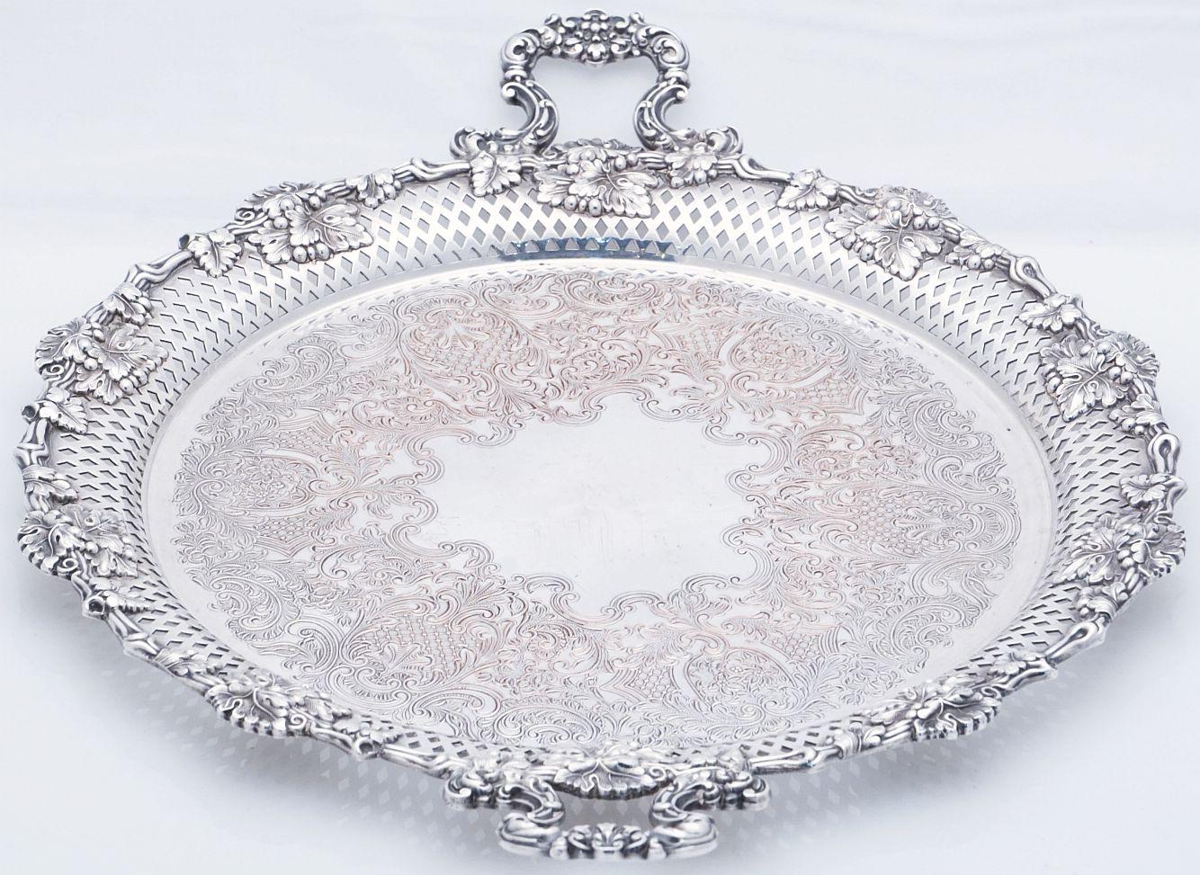 Metal  Large English Silver Round Serving or Drinks Tray with Handles For Sale