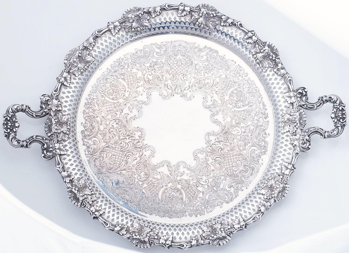  Large English Silver Round Serving or Drinks Tray with Handles For Sale 1