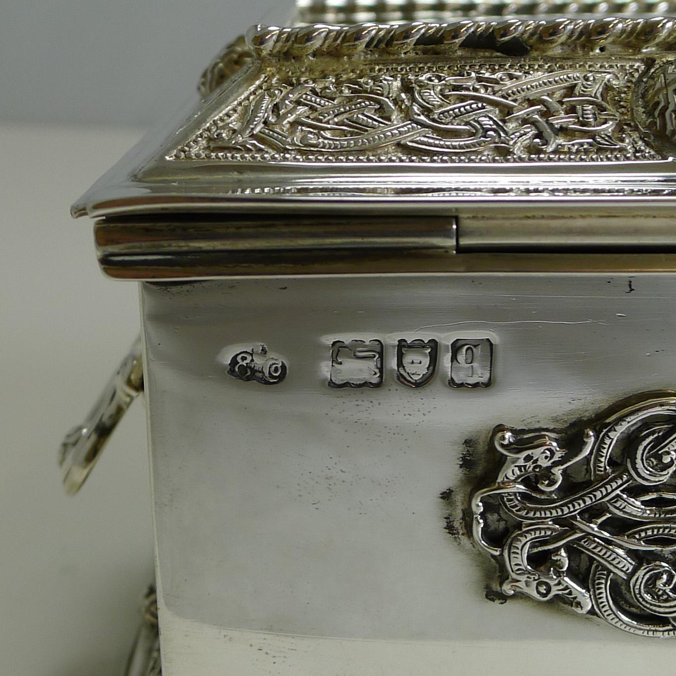 Large English Sterling Silver Jewelry Box by Elkington & Co., Celtic Design 3