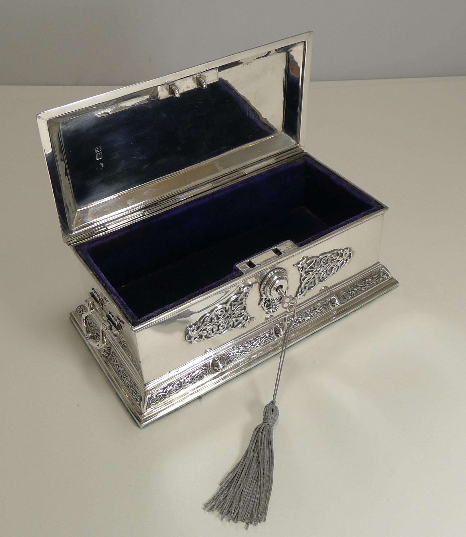 Large English Sterling Silver Jewelry Box by Elkington & Co., Celtic Design 4