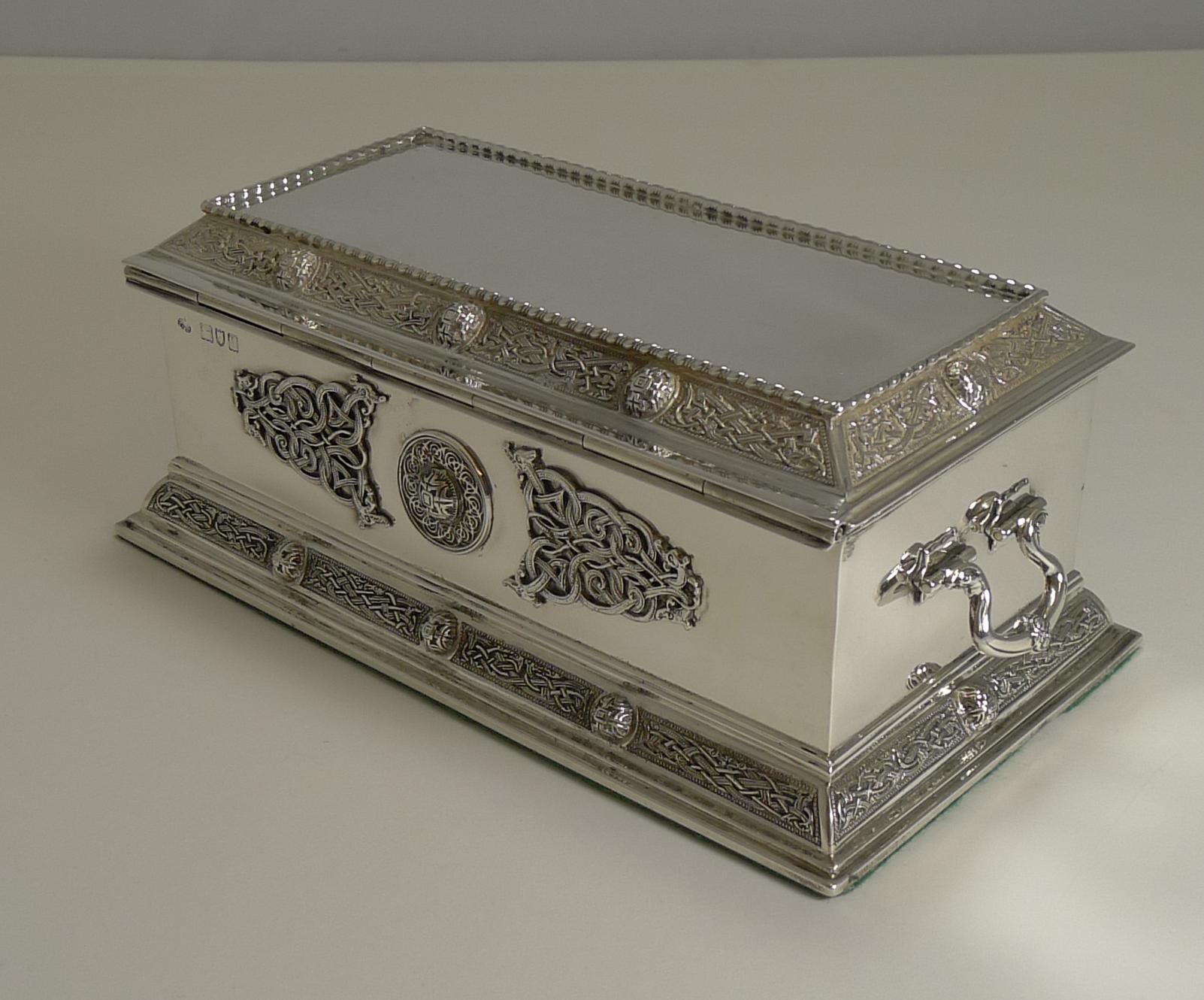 Early 20th Century Large English Sterling Silver Jewelry Box by Elkington & Co., Celtic Design