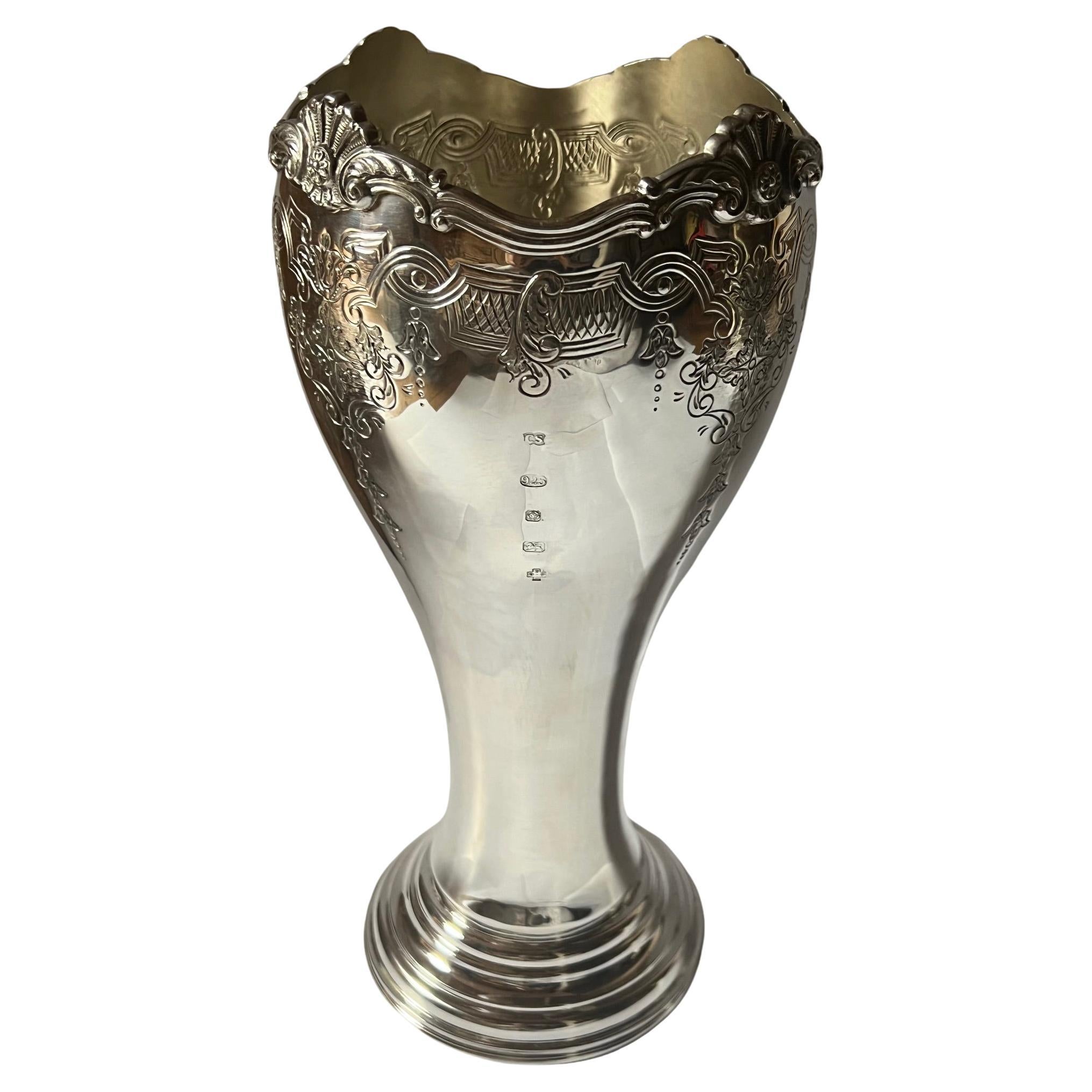Contemporary Large English Solid Sterling Silver Vase by Camelot Silver For Sale