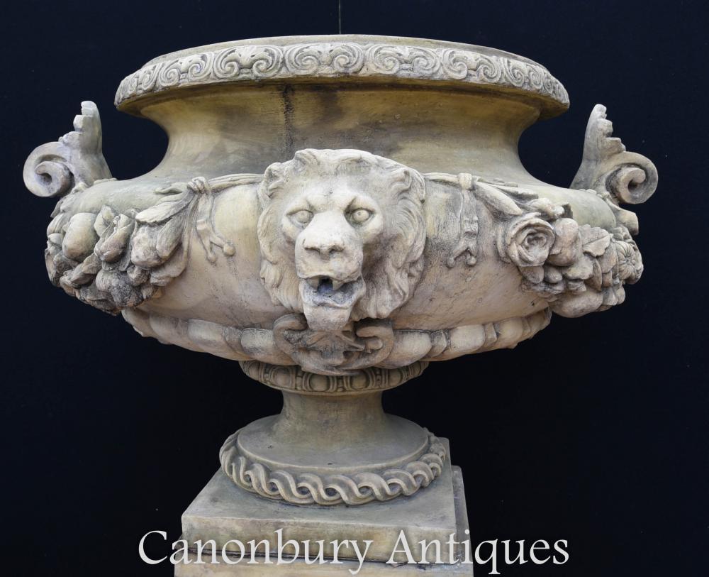 Large English Stone Garden Urn on Pedestal Plinth Classic Architectural For Sale 5