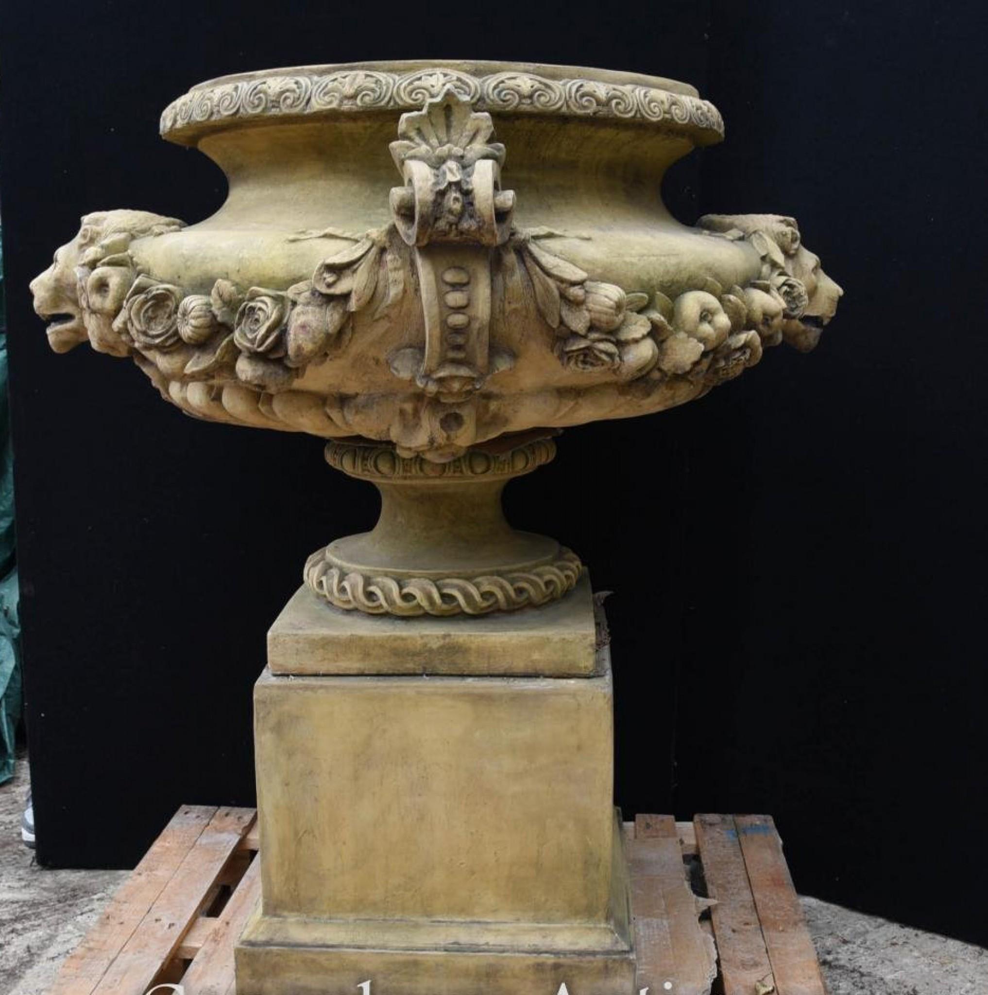 Large English Stone Garden Urn on Pedestal Plinth Classic Architectural For Sale 6