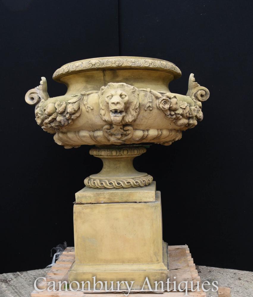 Large English Stone Garden Urn on Pedestal Plinth Classic Architectural For Sale 6