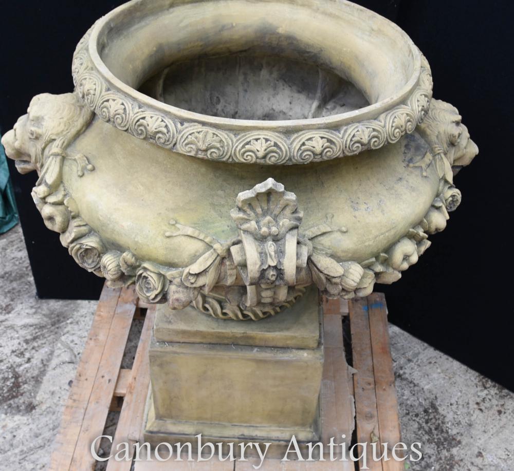 Large English Stone Garden Urn on Pedestal Plinth Classic Architectural For Sale 7