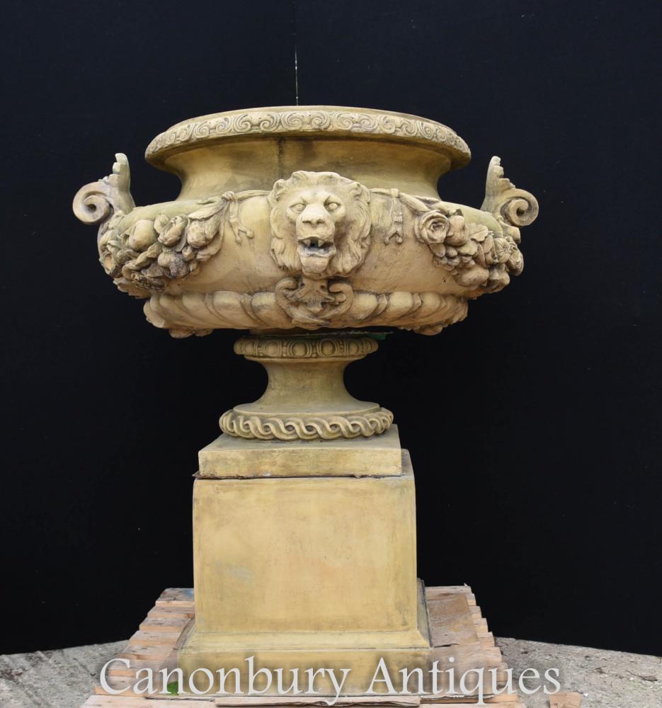 Large English Stone Garden Urn on Pedestal Plinth Classic Architectural For Sale 8