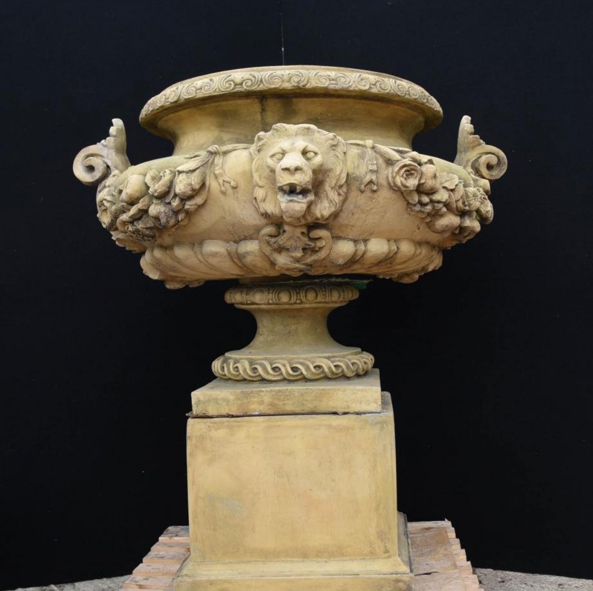 Large English Stone Garden Urn on Pedestal Plinth Classic Architectural For Sale 9
