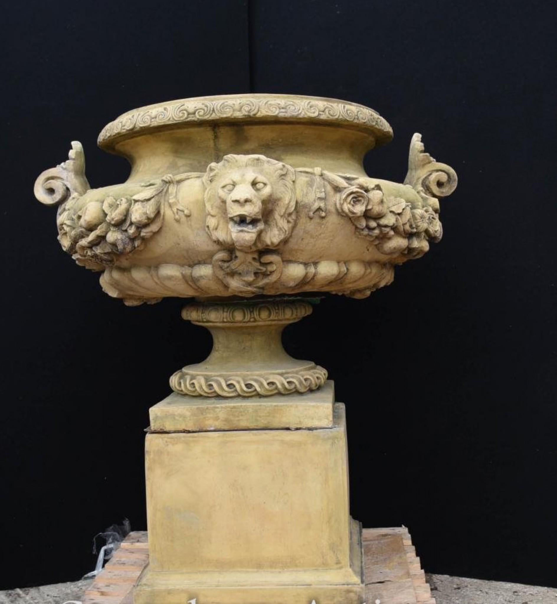 Large English Stone Garden Urn on Pedestal Plinth Classic Architectural For Sale 11