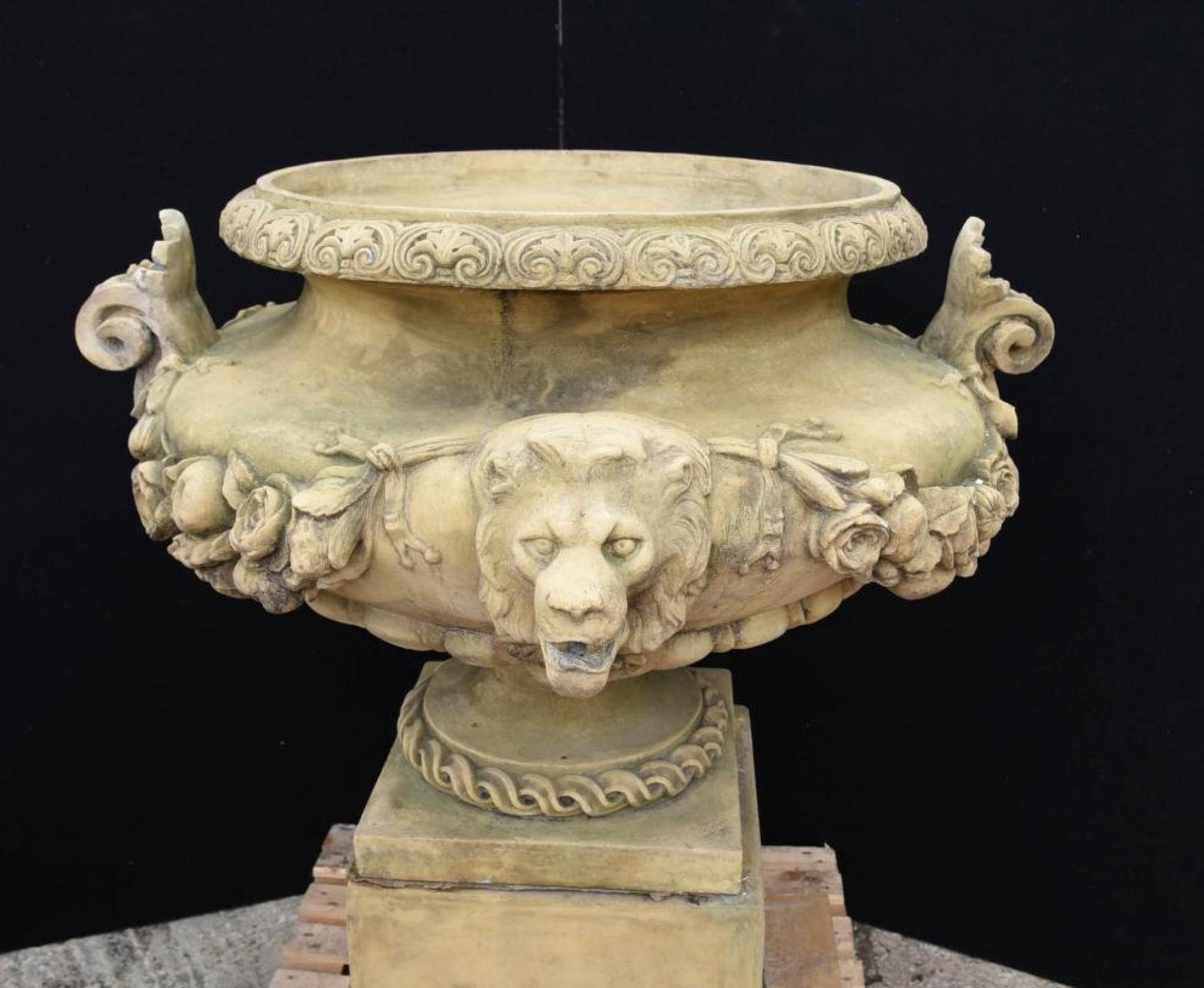 Late 20th Century Large English Stone Garden Urn on Pedestal Plinth Classic Architectural For Sale
