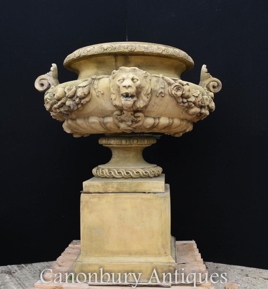 Late 20th Century Large English Stone Garden Urn on Pedestal Plinth Classic Architectural For Sale