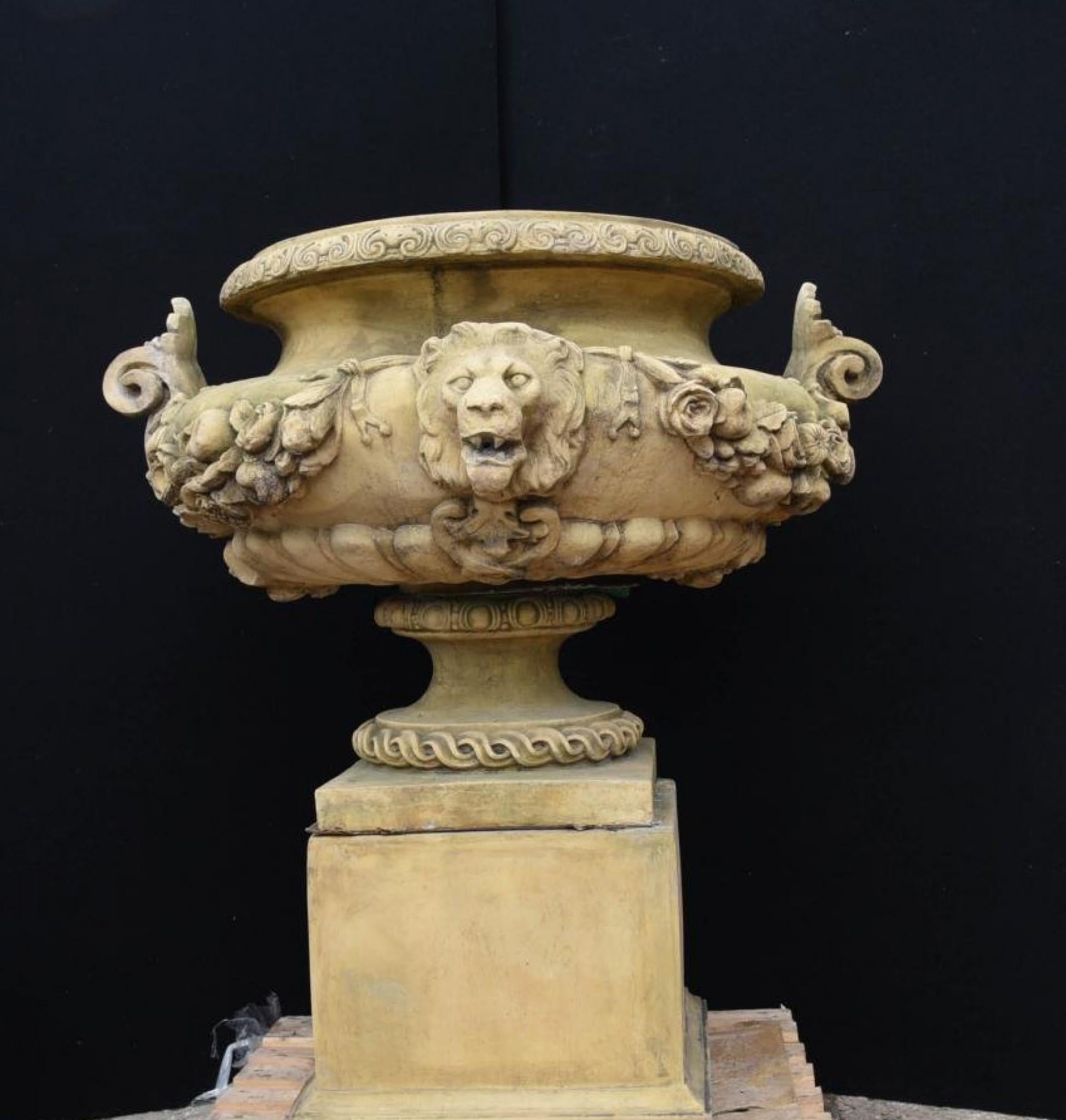 Large English Stone Garden Urn on Pedestal Plinth Classic Architectural For Sale 1