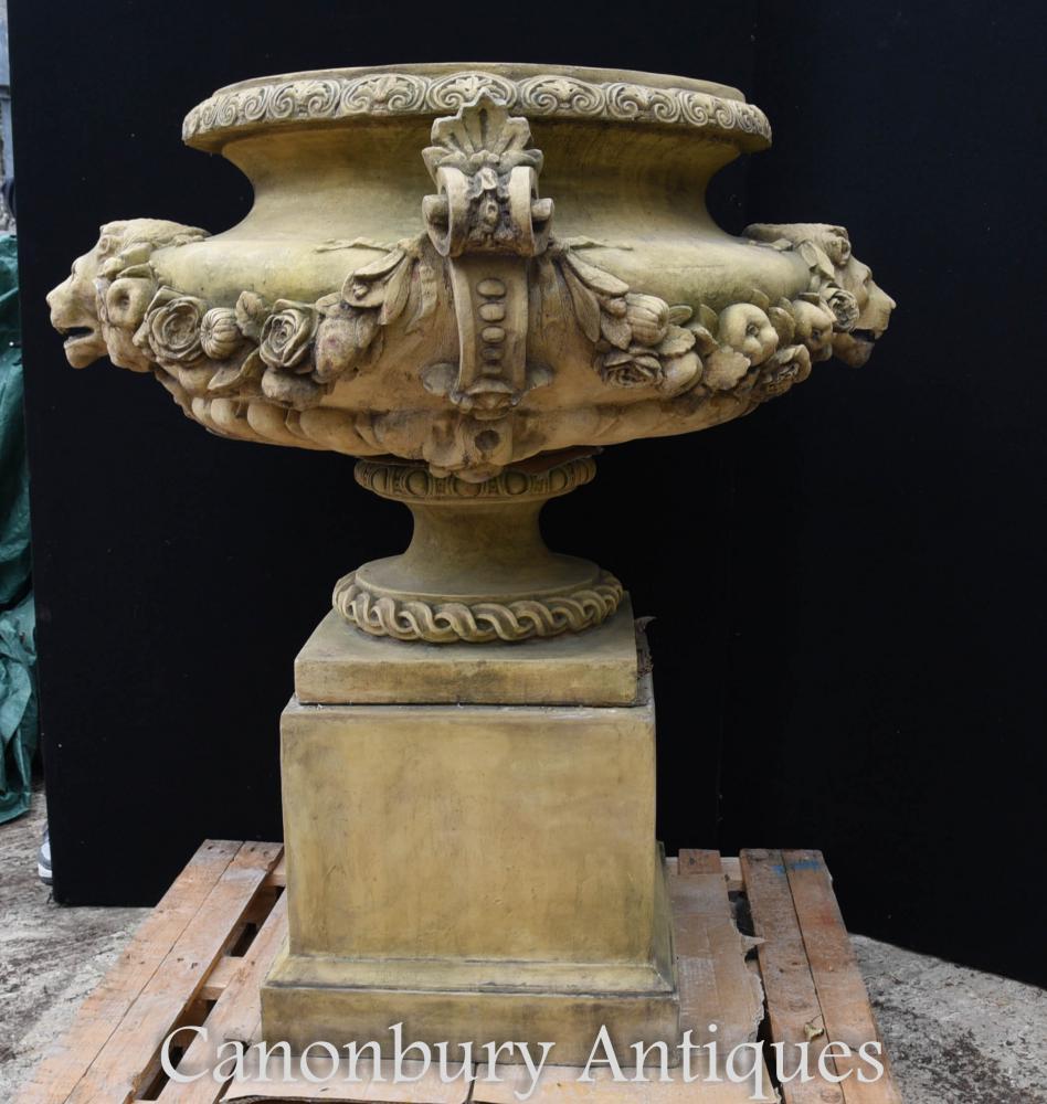 Large English Stone Garden Urn on Pedestal Plinth Classic Architectural For Sale 2