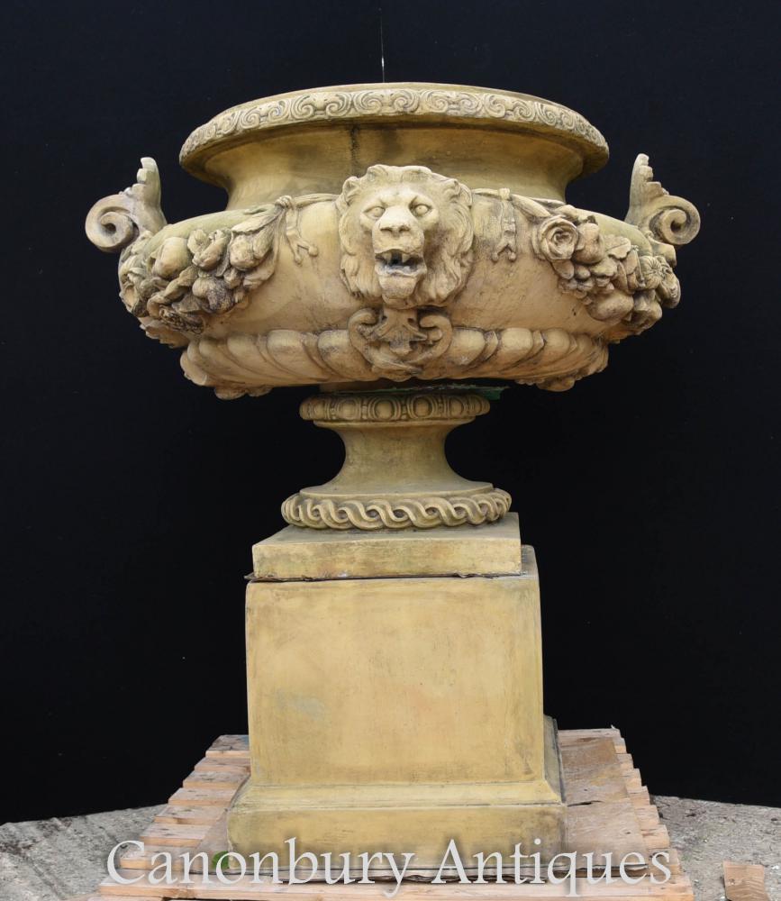 Large English Stone Garden Urn on Pedestal Plinth Classic Architectural For Sale 3