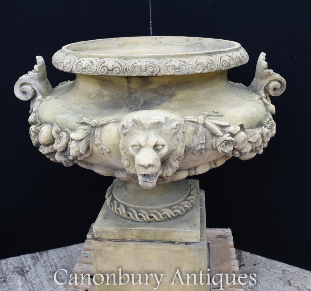 Large English Stone Garden Urn on Pedestal Plinth Classic Architectural For Sale 4
