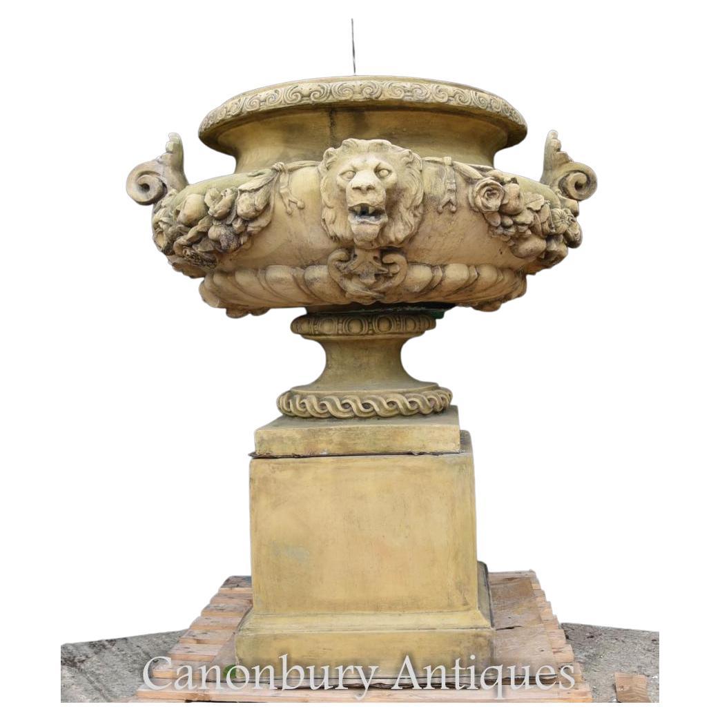 Large English Stone Garden Urn on Pedestal Plinth Classic Architectural For Sale