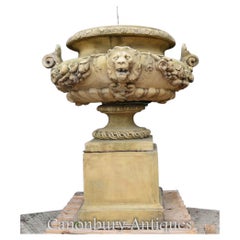 Used Large English Stone Garden Urn on Pedestal Plinth Classic Architectural