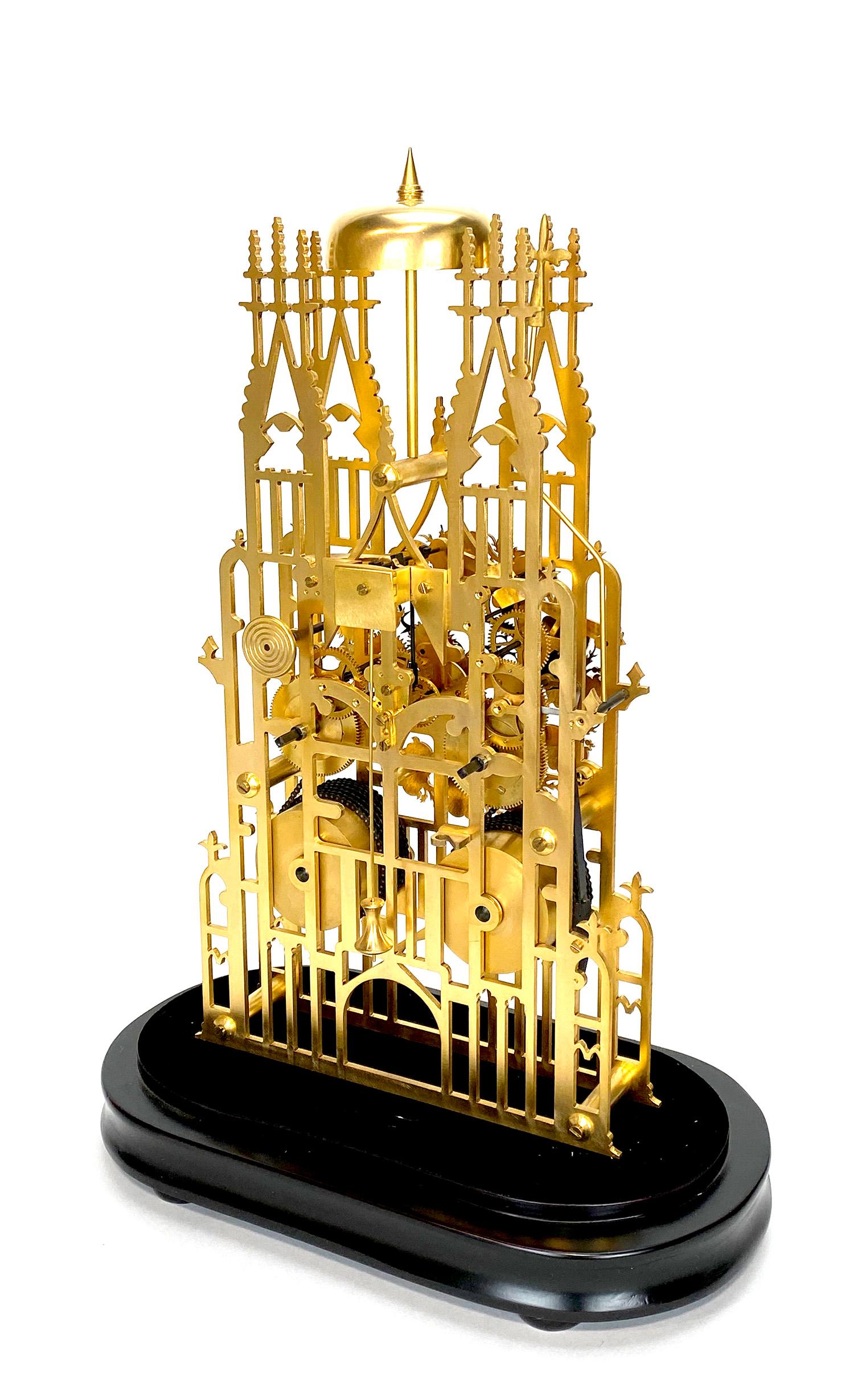 20th Century Large English Style Cathedral Crown Escapement Fusee Striking Skeleton Clock For Sale