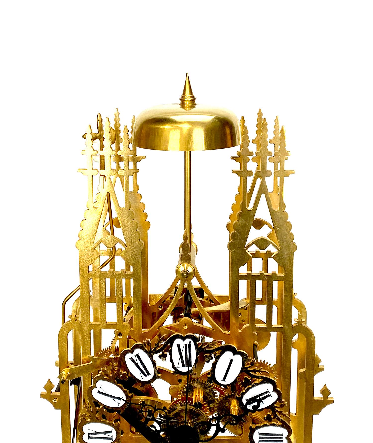 Brass Large English Style Cathedral Crown Escapement Fusee Striking Skeleton Clock For Sale
