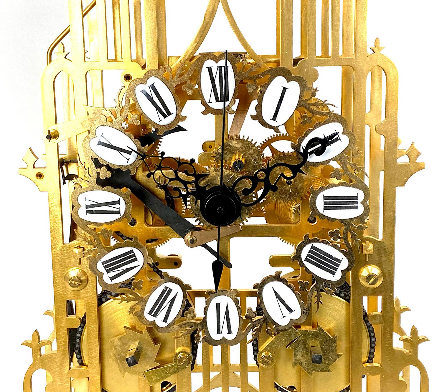 Large English Style Cathedral Crown Escapement Fusee Striking Skeleton Clock For Sale 3