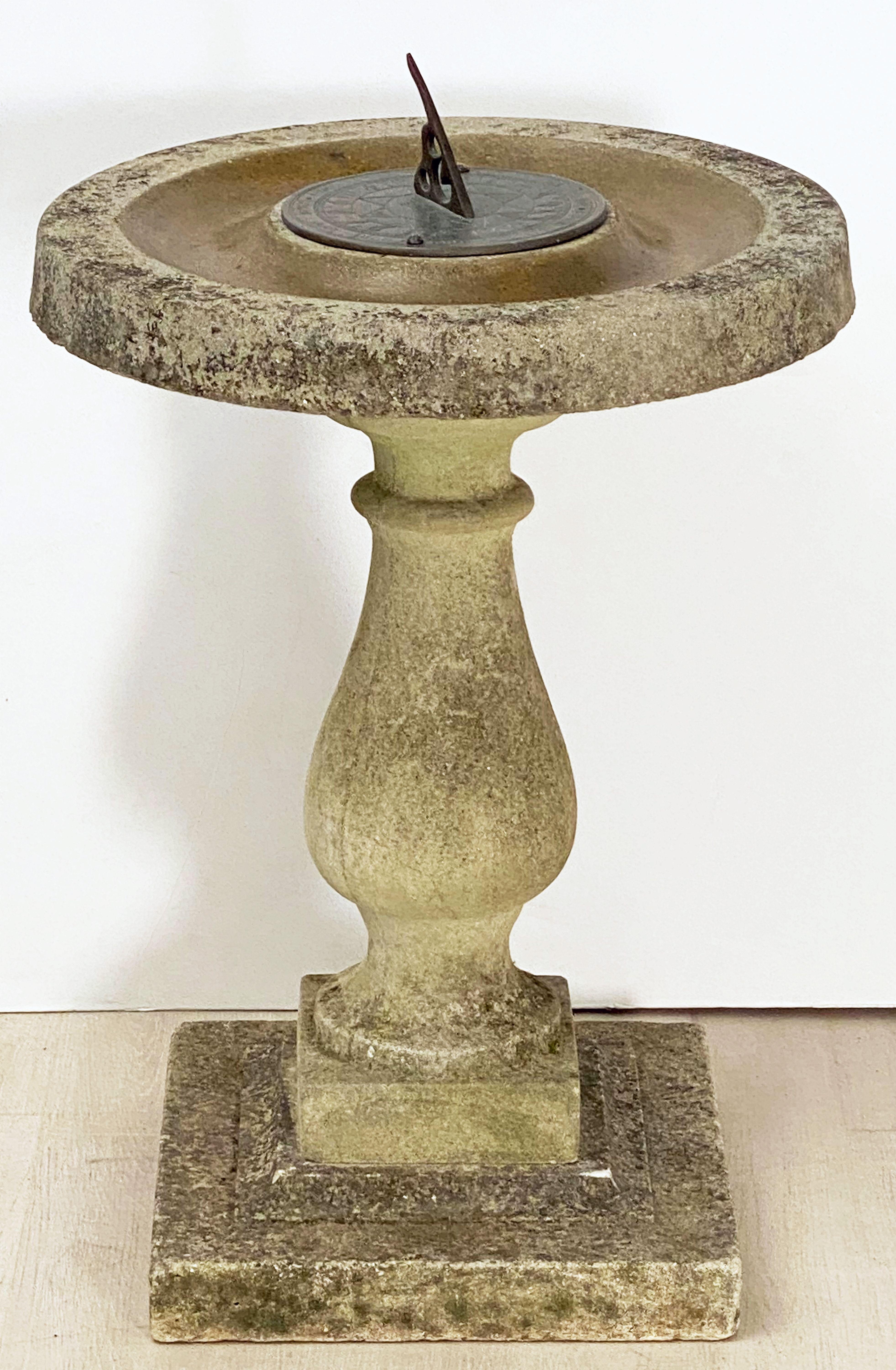 Large English Sundial and Bird Bath of Composition Stone with Bronze Dial 6