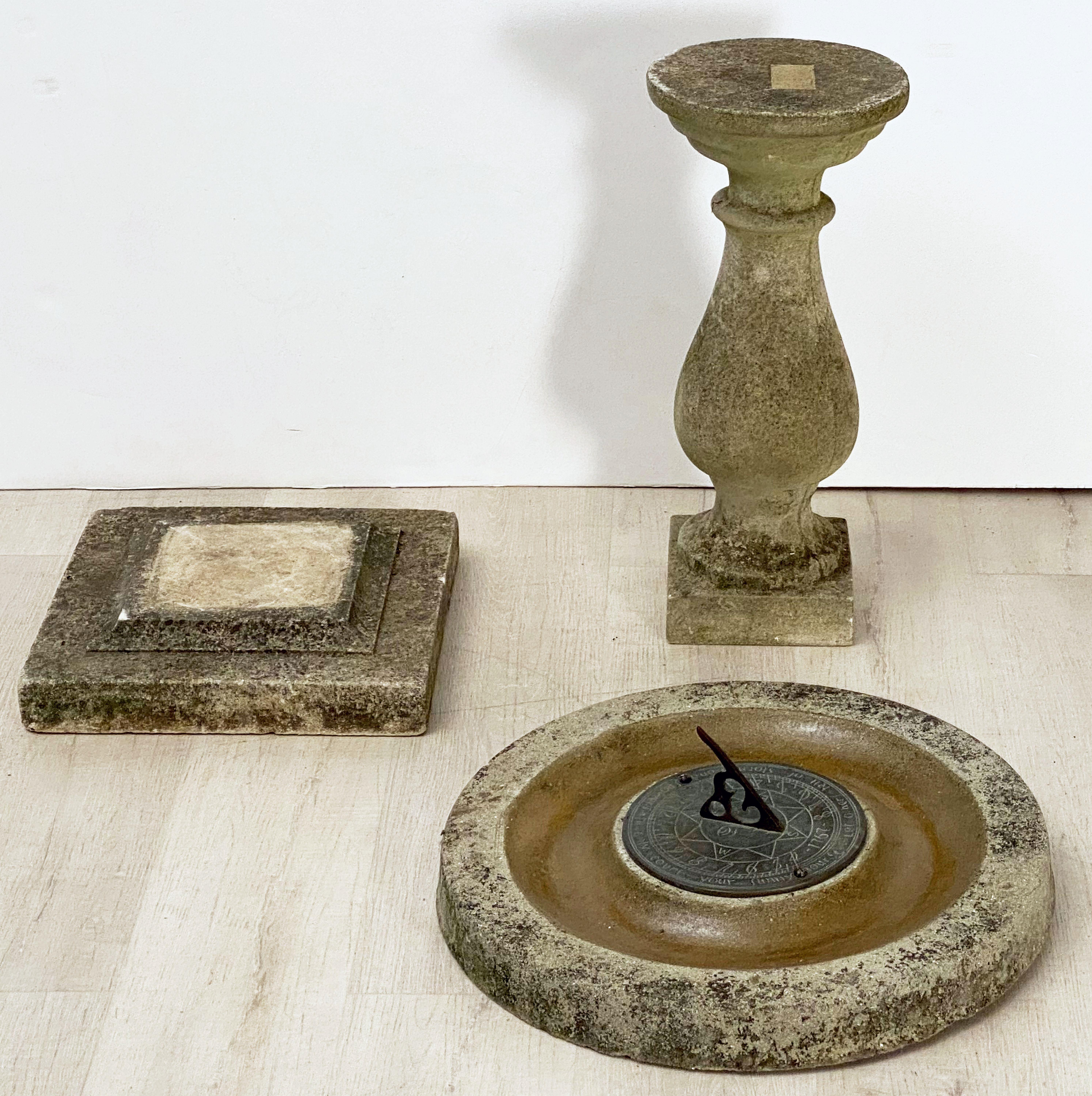 Large English Sundial and Bird Bath of Composition Stone with Bronze Dial 8