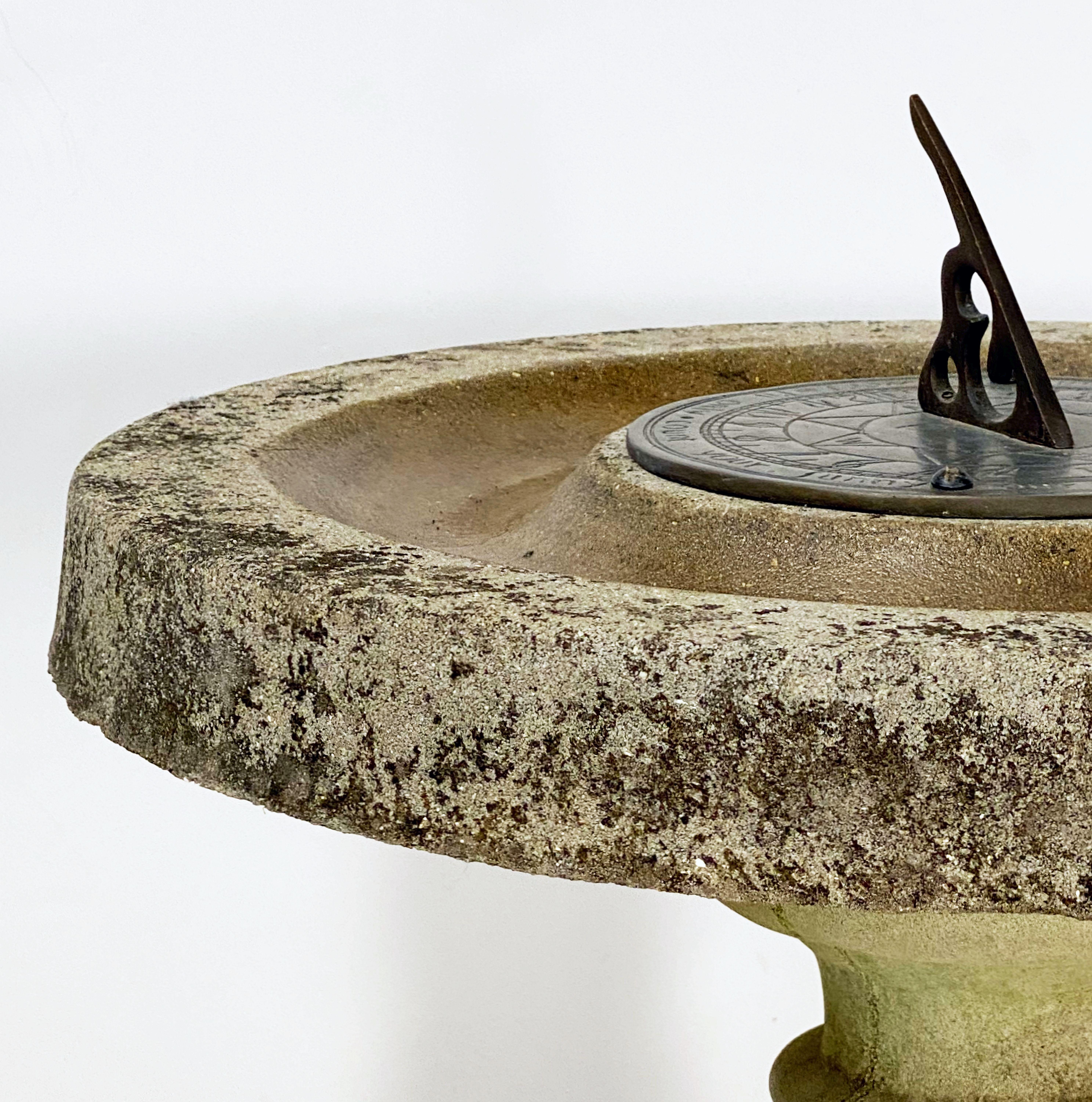 Large English Sundial and Bird Bath of Composition Stone with Bronze Dial In Good Condition In Austin, TX