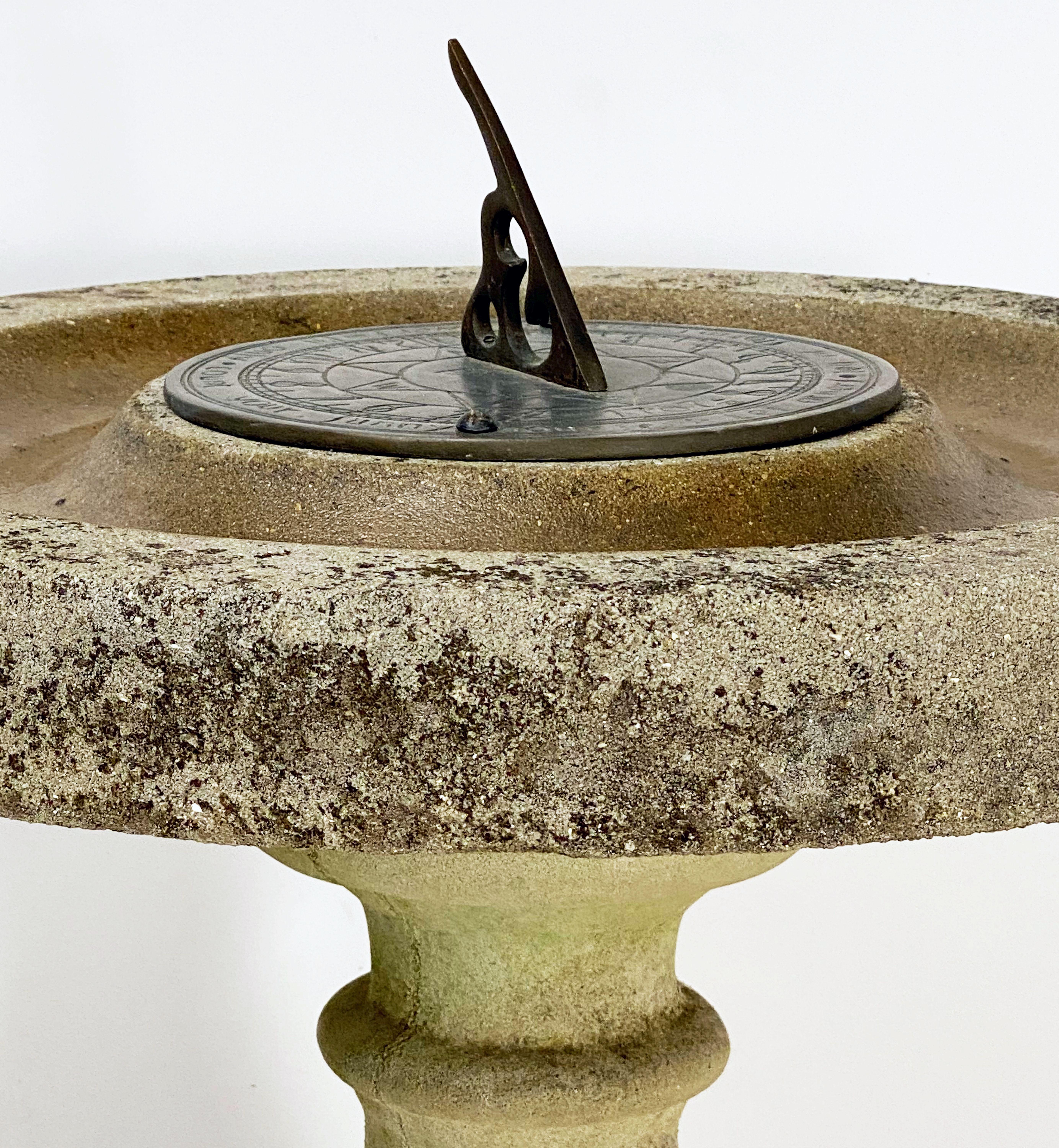 20th Century Large English Sundial and Bird Bath of Composition Stone with Bronze Dial