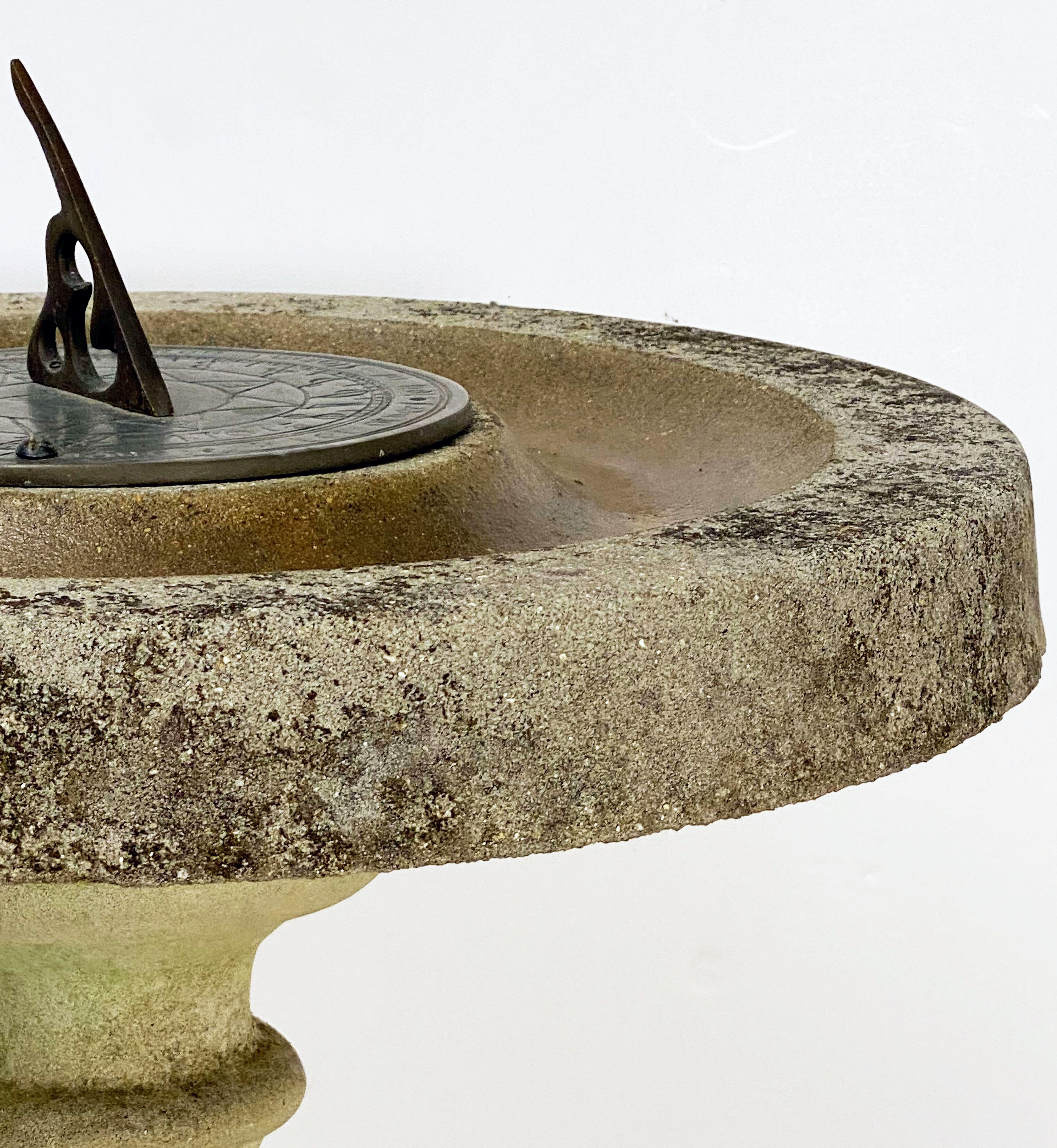 Metal Large English Sundial and Bird Bath of Composition Stone with Bronze Dial