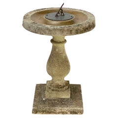Large English Sundial and Bird Bath of Composition Stone with Bronze Dial