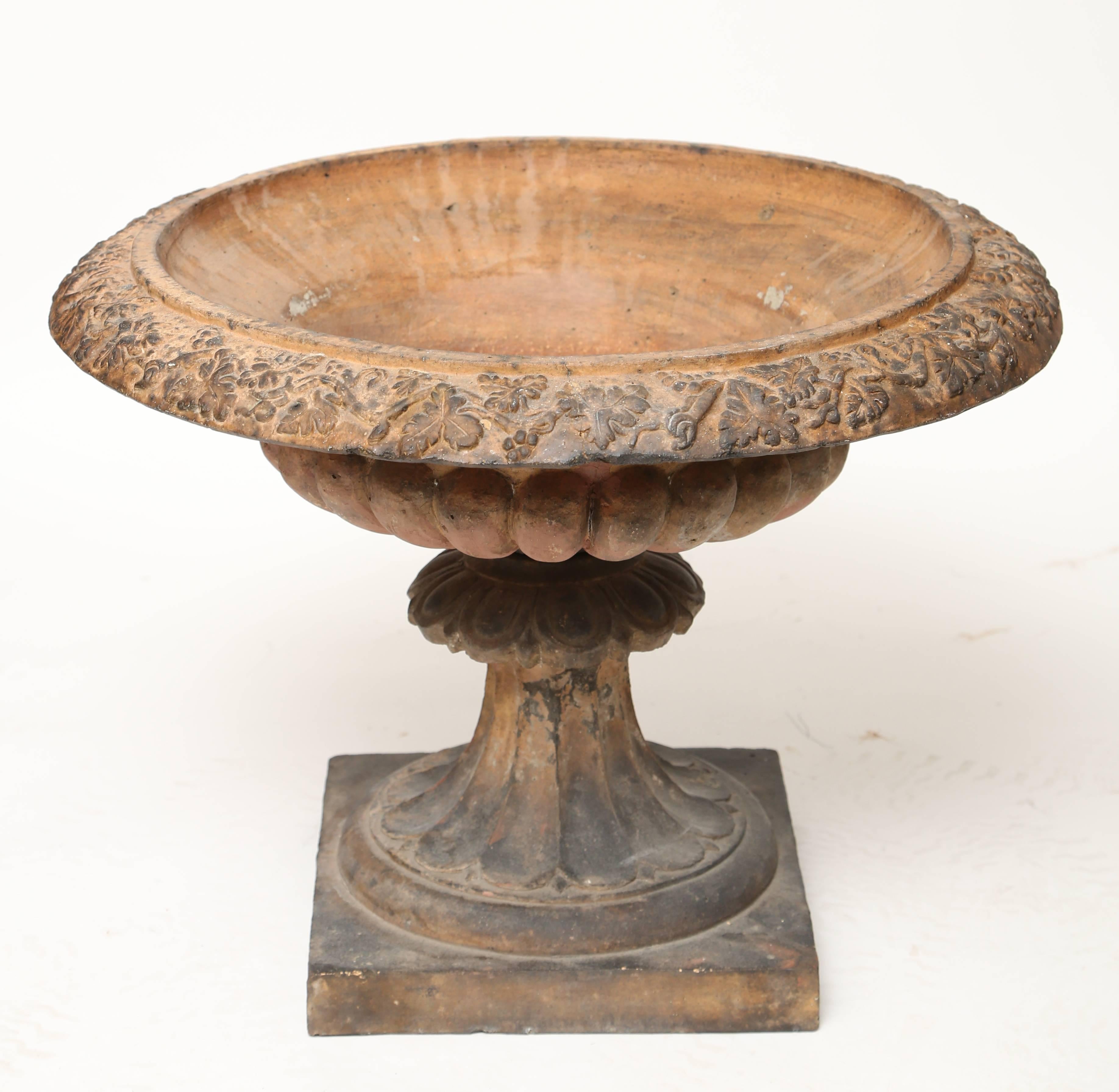Neoclassical Revival Wide Mouthed Terracotta Garden Urn on Stand-England, Nineteenth Century For Sale