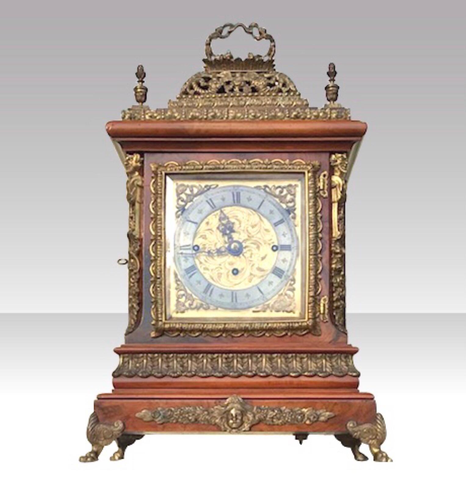 Walnut Large English Triple Fusee Bracket Boardroom Musical Clock For Sale