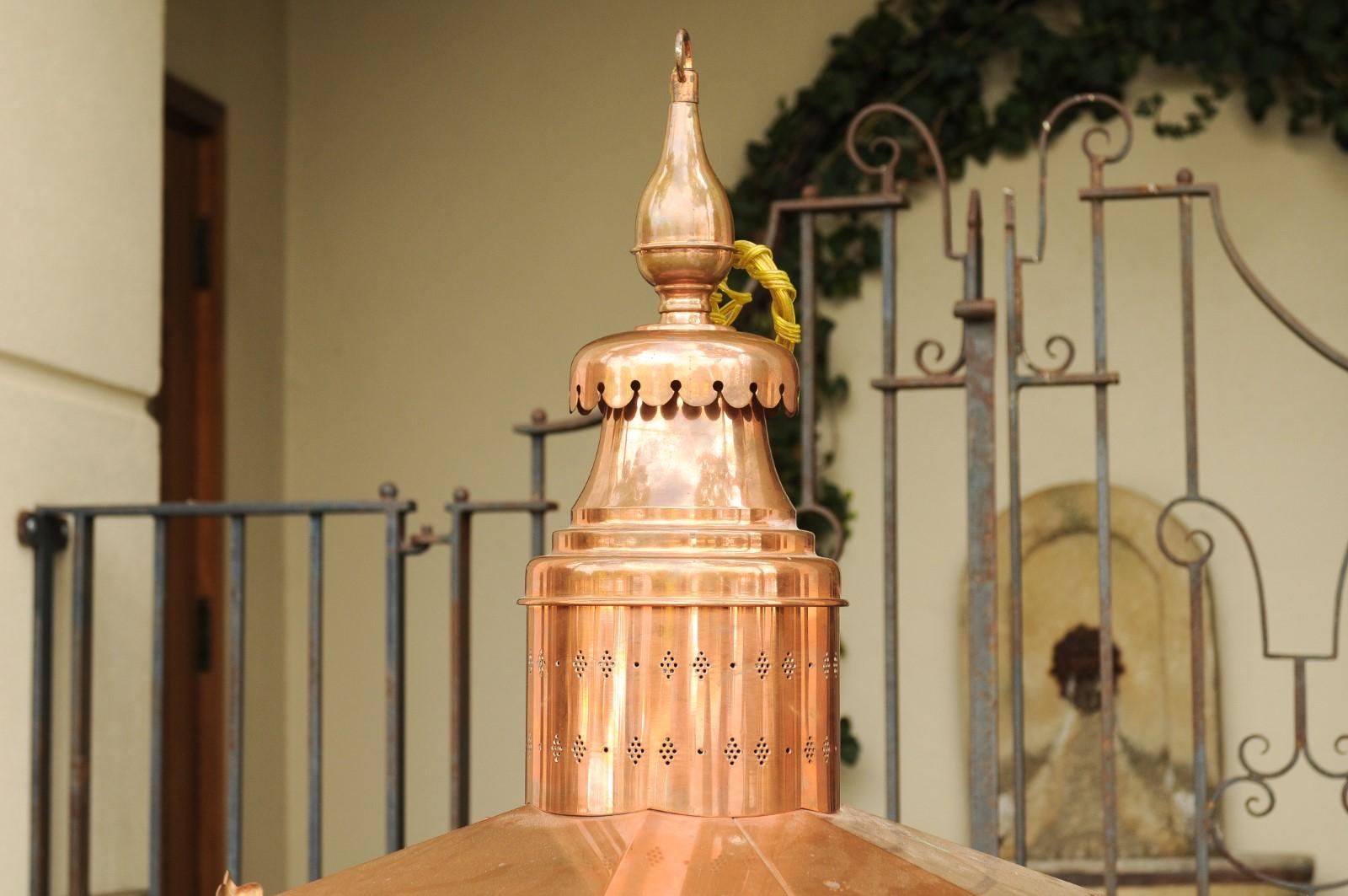 20th Century Large English Turn of the Century Hexagonal Copper Lantern with Glass Panels