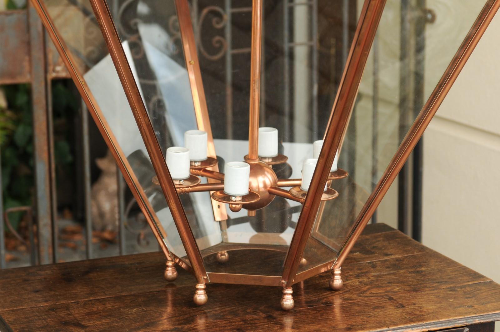 Large English Turn of the Century Hexagonal Copper Lantern with Glass Panels 3