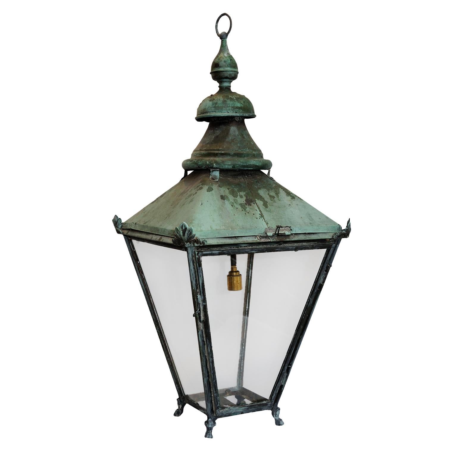 Large English Verdigris Copper Hanging Lantern, circa 1860 For Sale