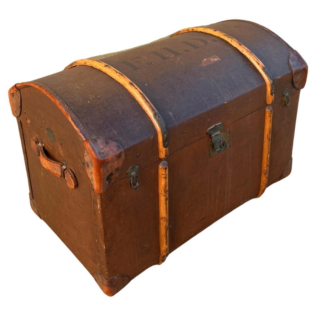 Large English Victorian Dome Top Canvas Steamer Travel Trunk. Monogrammed F.H.D.