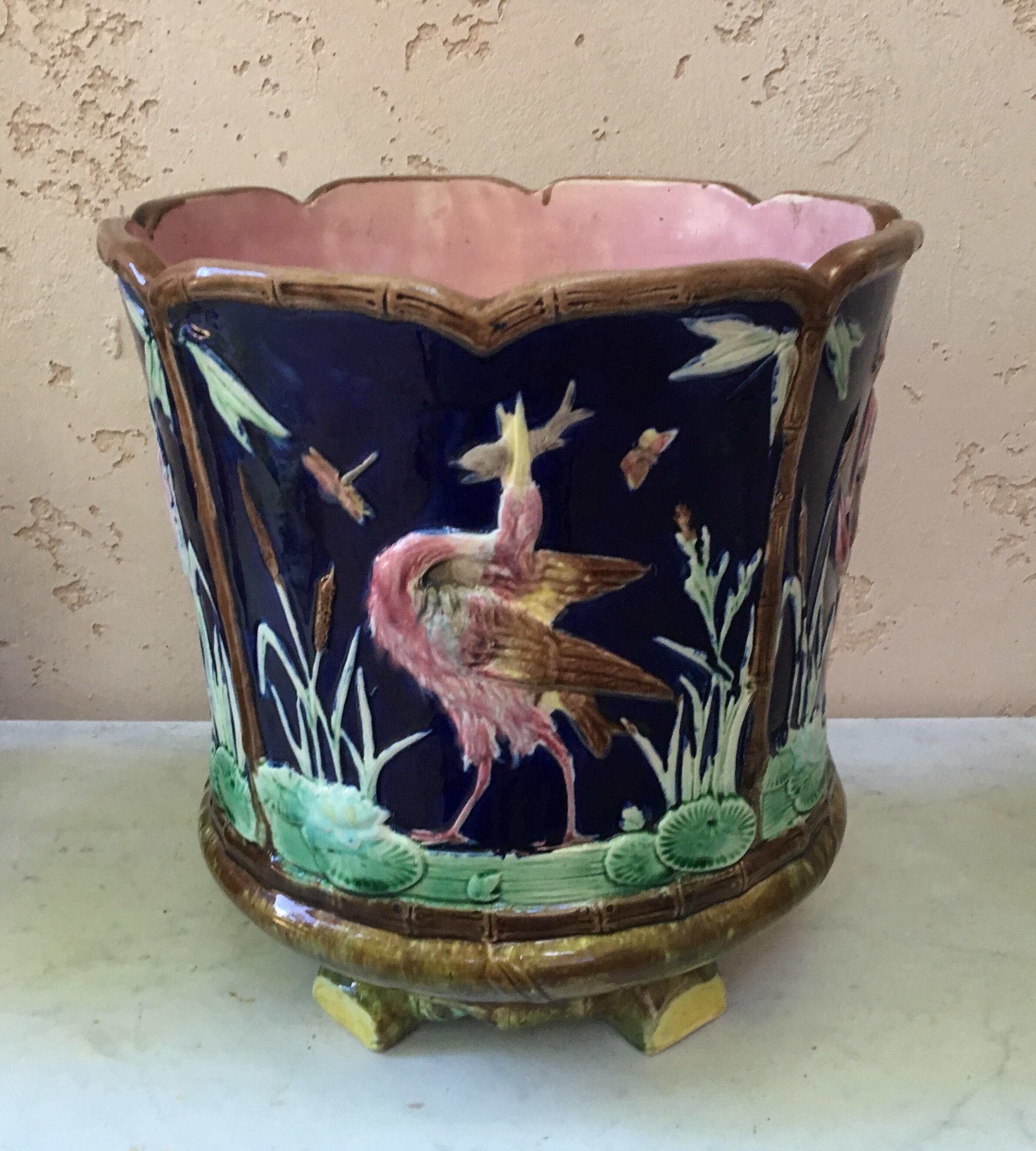 Large English majolica birds jardinière with aquatic plants by Thomas Forester, circa 1890.